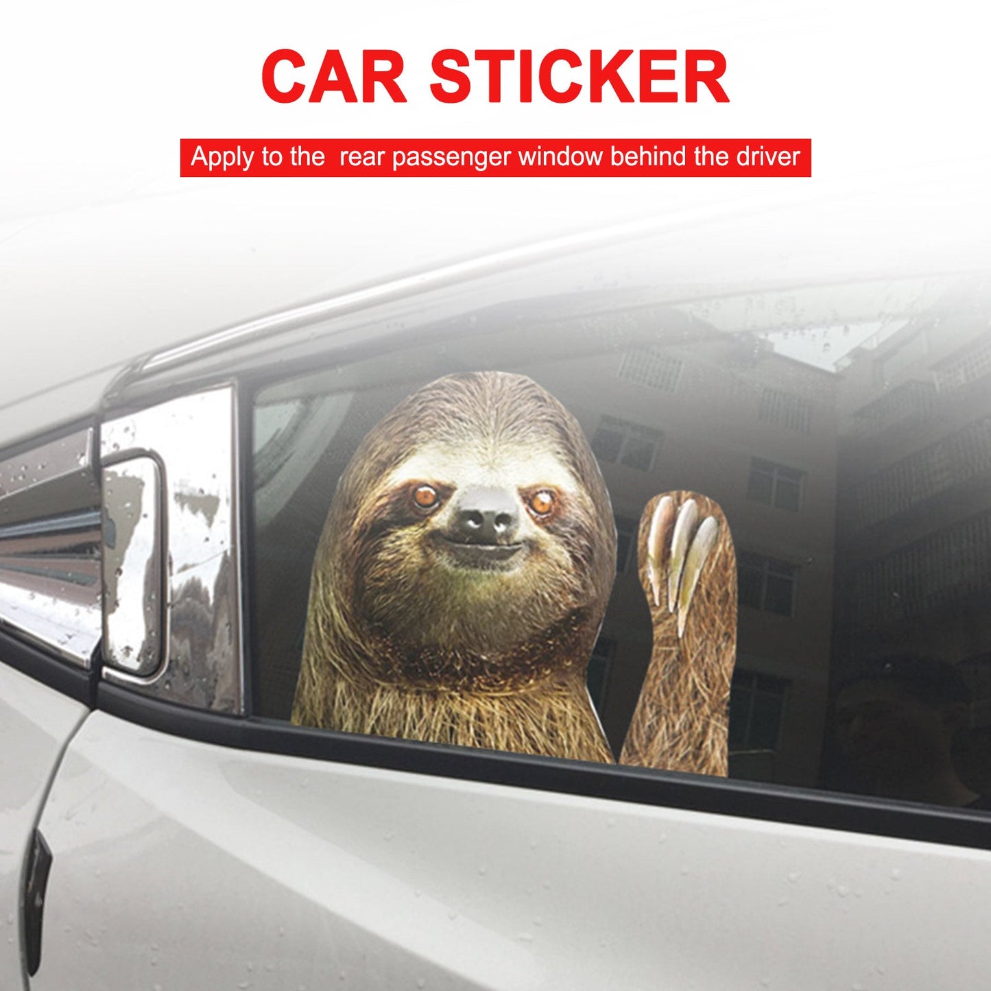Passenger Side Car Window Sticker, Person Size, Sloth Waving for Universal Fit (All Years)