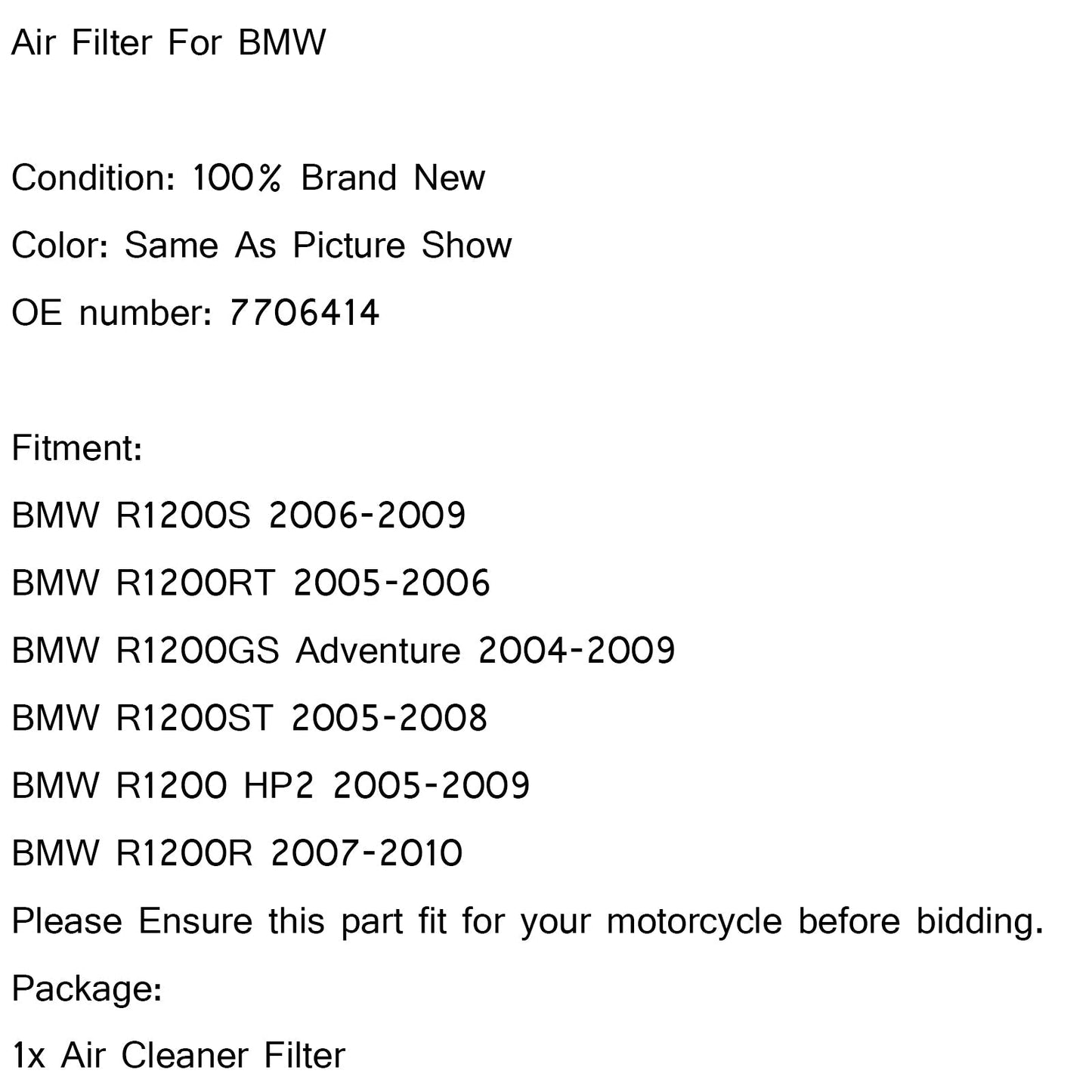 Air Filter Intake Cleaner For BMW R1200GS Adventure 2004-2009 P/N.7706414 Generic