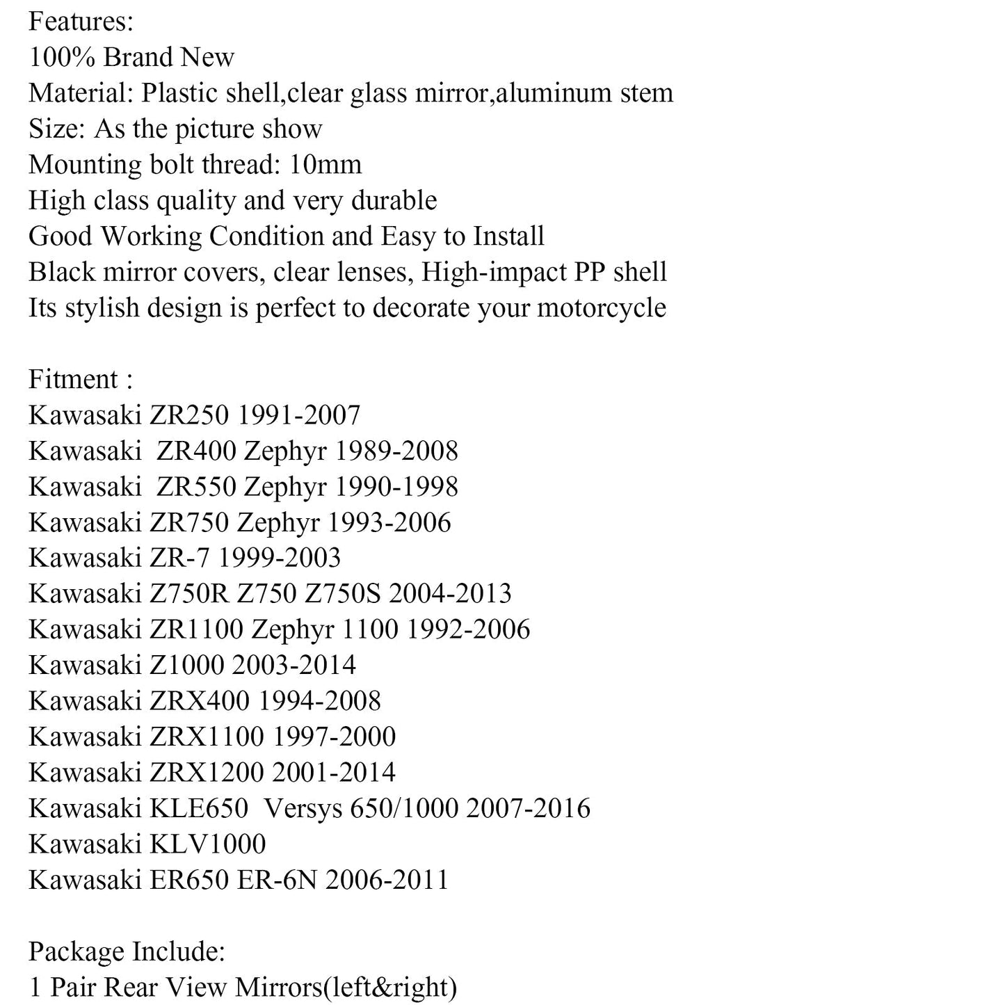 10mm Pair Rearview Mirror For Kawasaki ZR-7 ZRX1200 2001-2008 Zephyr 1100/750 Generic