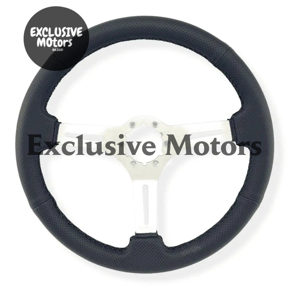 Tomu Akagi Silver Alloy with Black Perforated Leather Steering Wheel - Tokyo Tom's