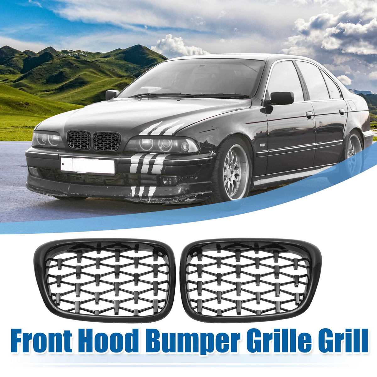 Gloss Black Front Hood Bumper Grille for BMW 525i 530i E39 (2001-2003) Pair