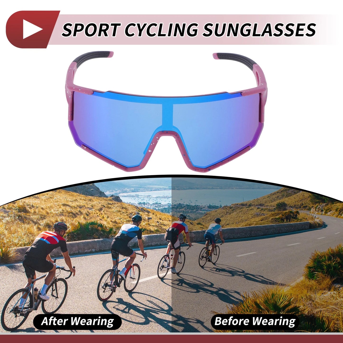 Motorcycle Riding Goggles Blue Lens Pink with Blue White Spots Frame Sunglasses