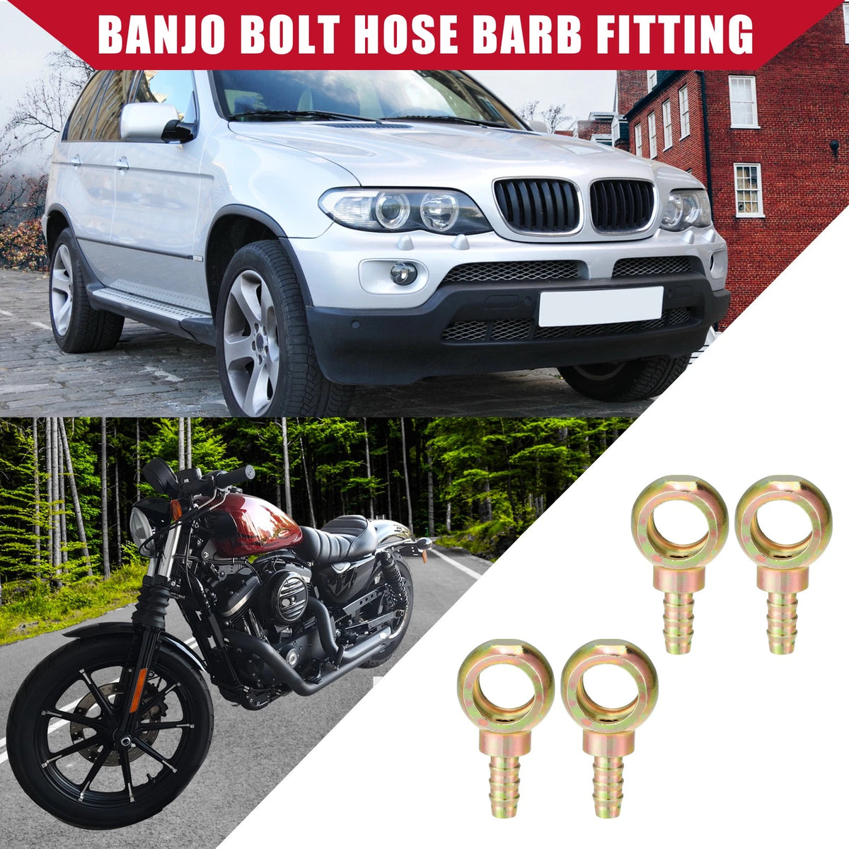 4 x Banjo Bolt Hose Barb Fitting 18mm ID 10mm OD for Car Motorcycle