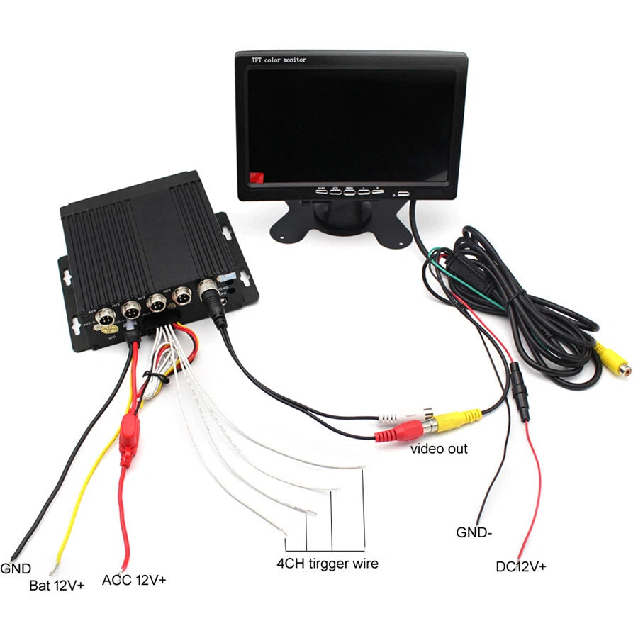 4CH Car DVR Video Recorder + 7" Monitor + 4 Night Vision Cameras for Truck Van Bus