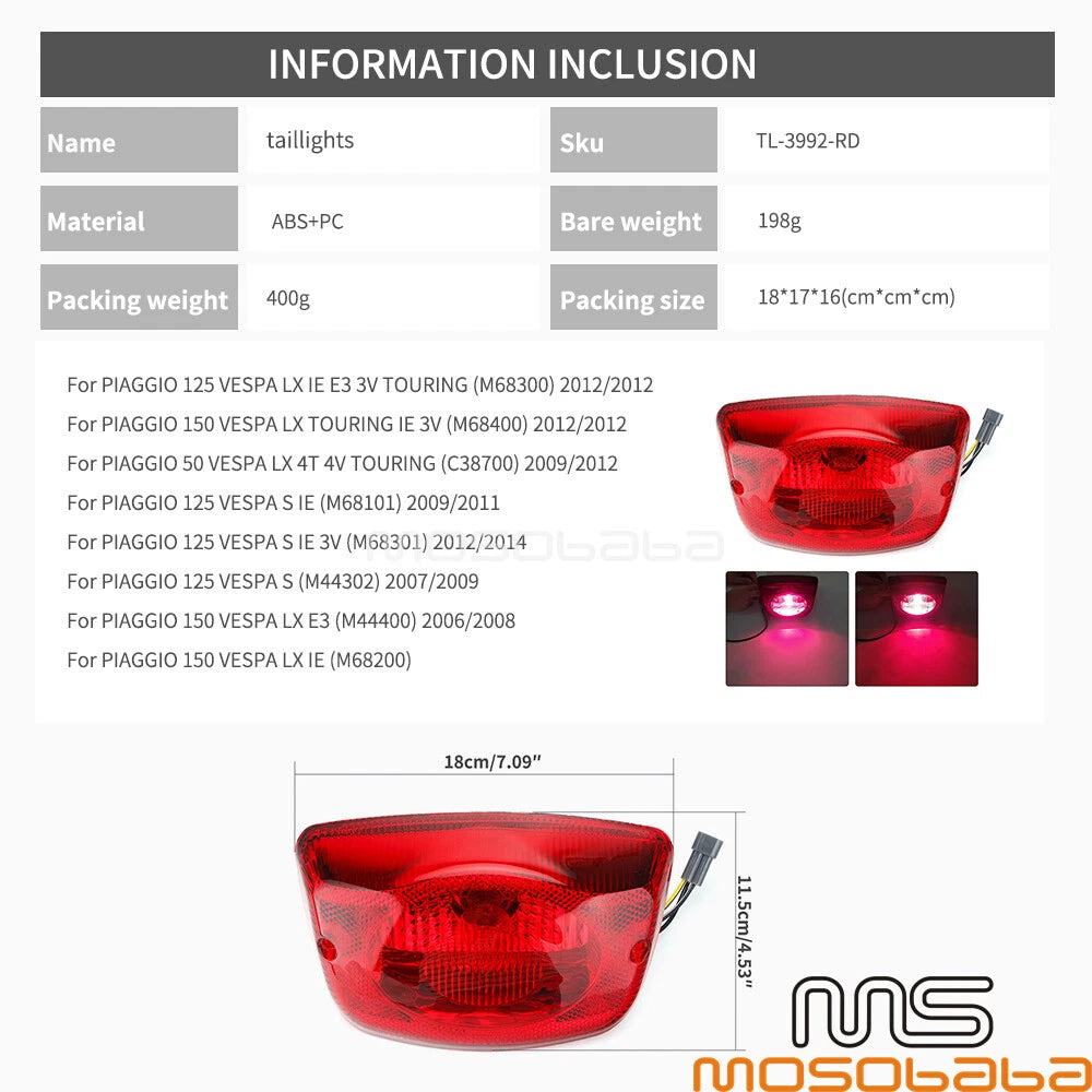 Rear Tail Light for PIAGGIO 125 VESPA LX IE E3 3V TOURING LX150 (2012)