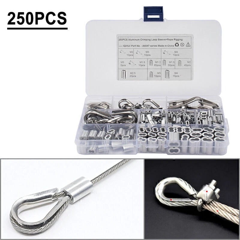250 Pcs Crimping Loop Sleeve Assortment Kit for Wire Rope Cable Thimbles