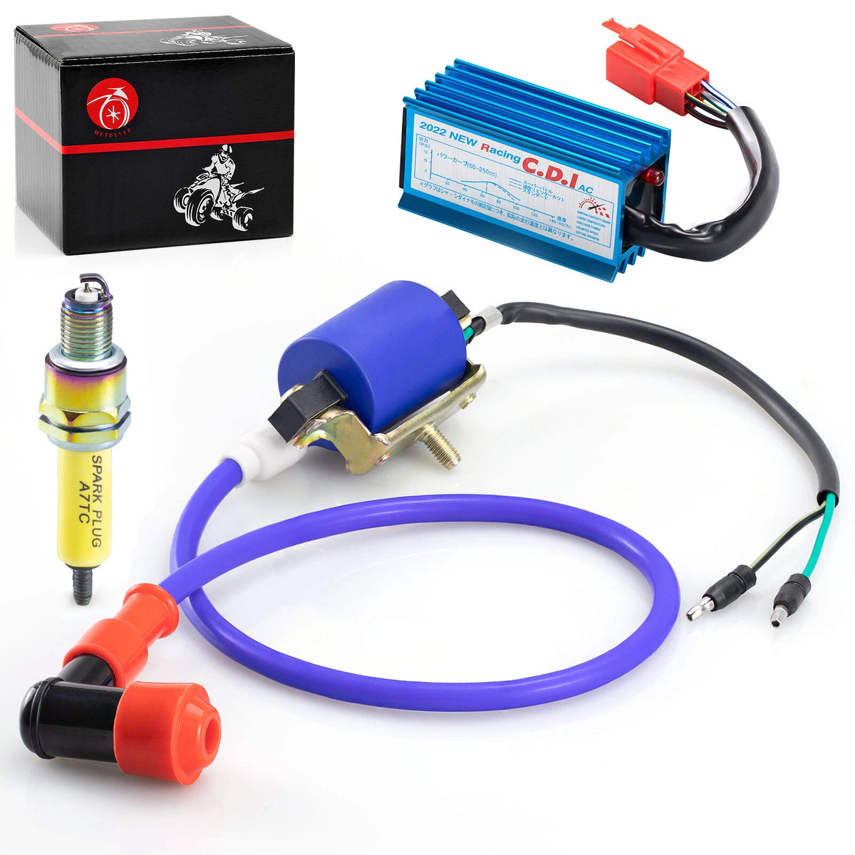 5Pin AC CDI Ignition Coil & 10mm Spark Plug for 70-110cc ATV/Dirt Bike