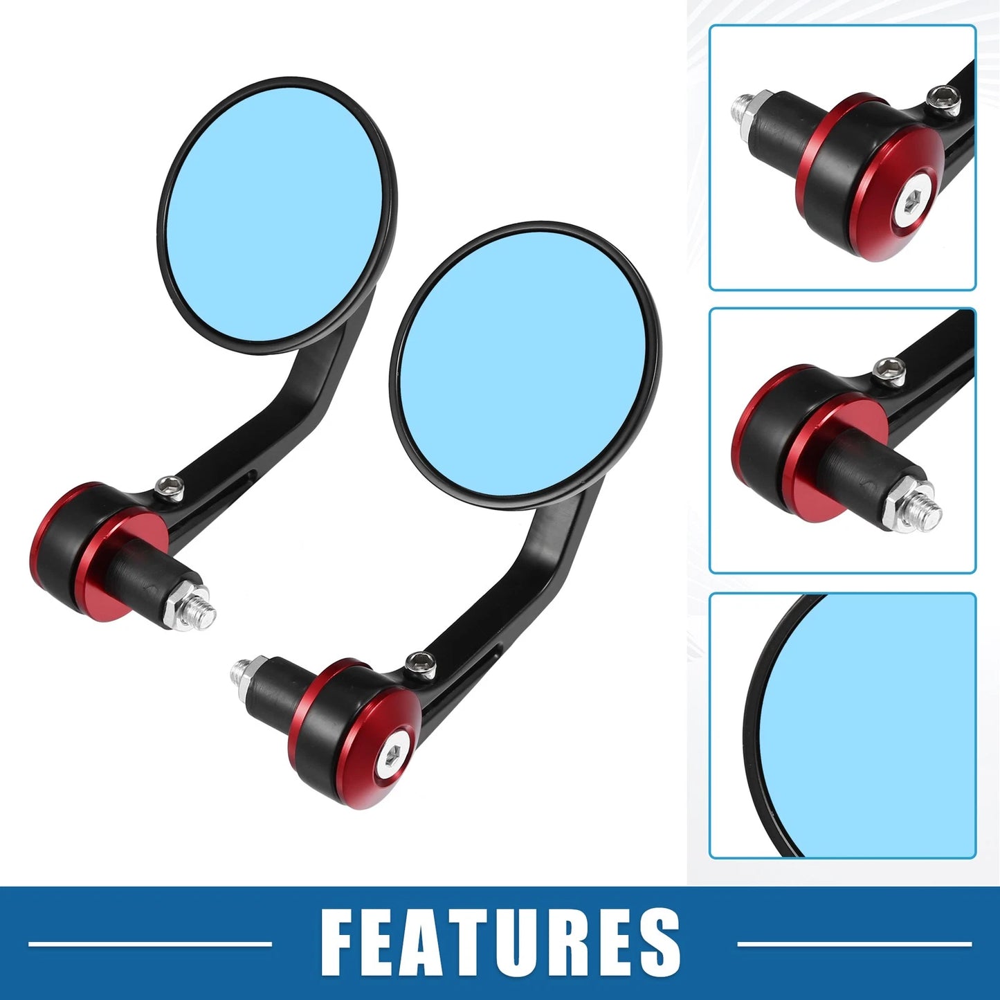 Handlebar End Rear View Mirrors 1 Pair Round Blue Lens Red for Motorcycle
