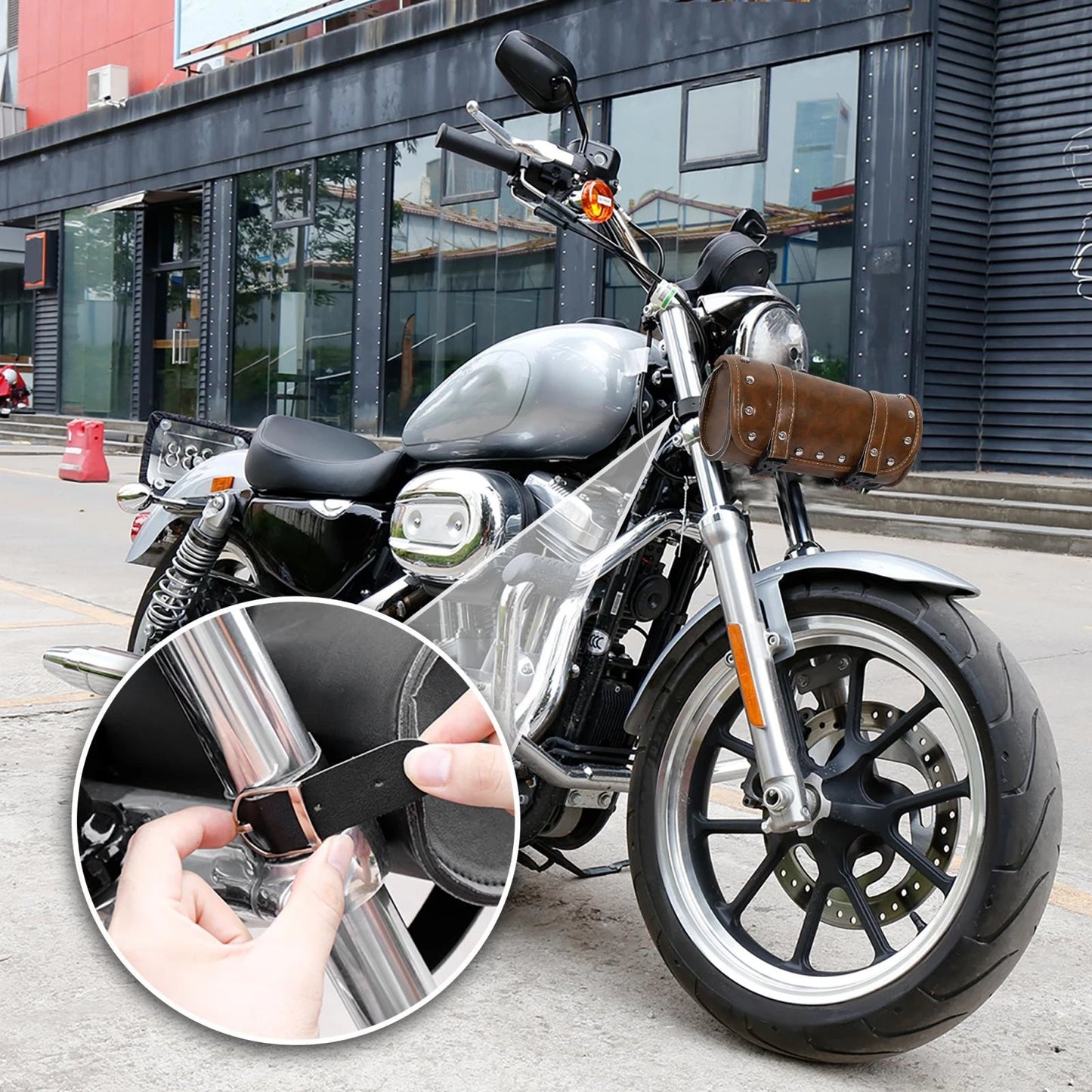 Motorcycle Tool Bag Handlebar Bags Cycling Fork Luggage Bags Round Brown