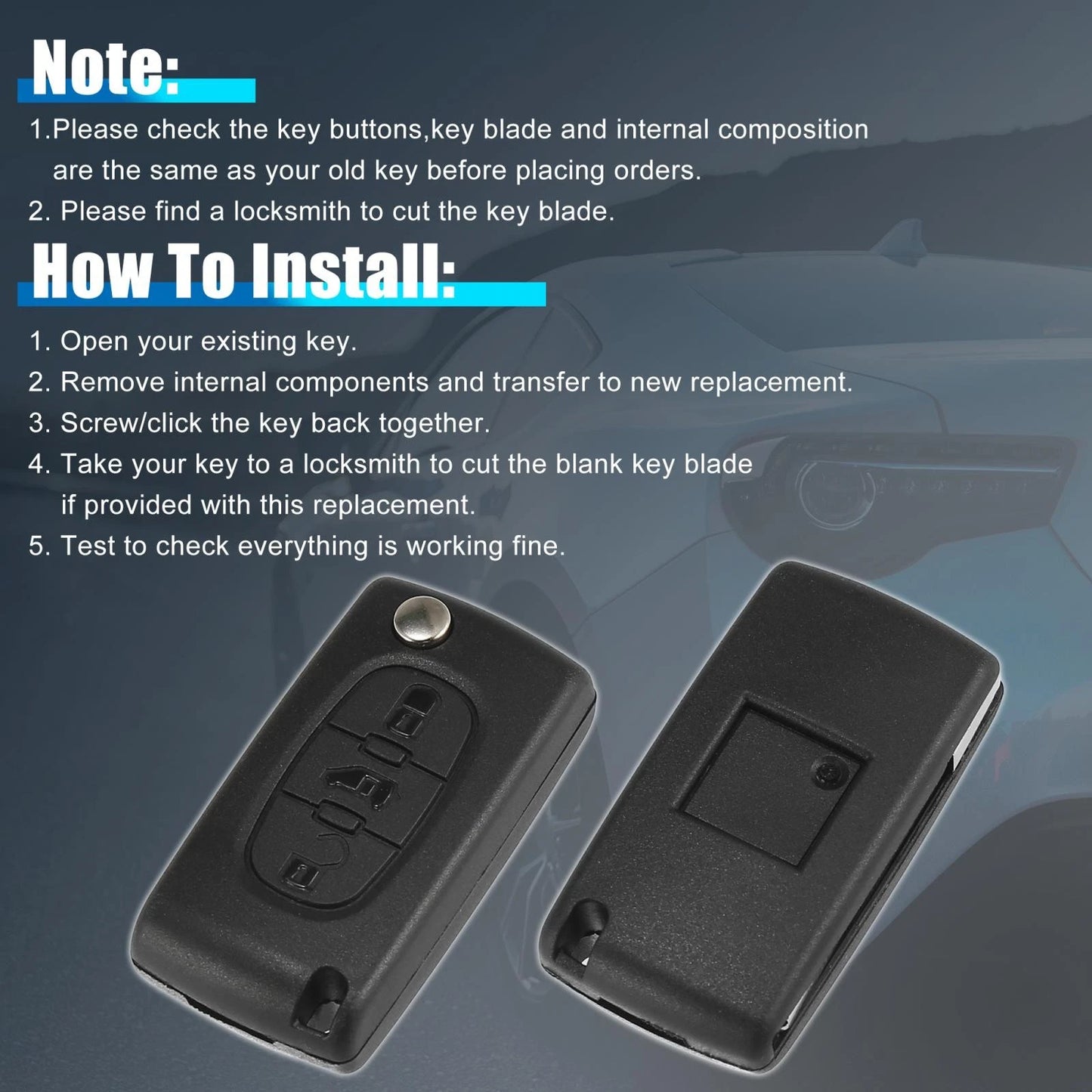 3 x Key Fob Case Shell for Peugeot Partner, Citroen Berlingo, Dispatch
