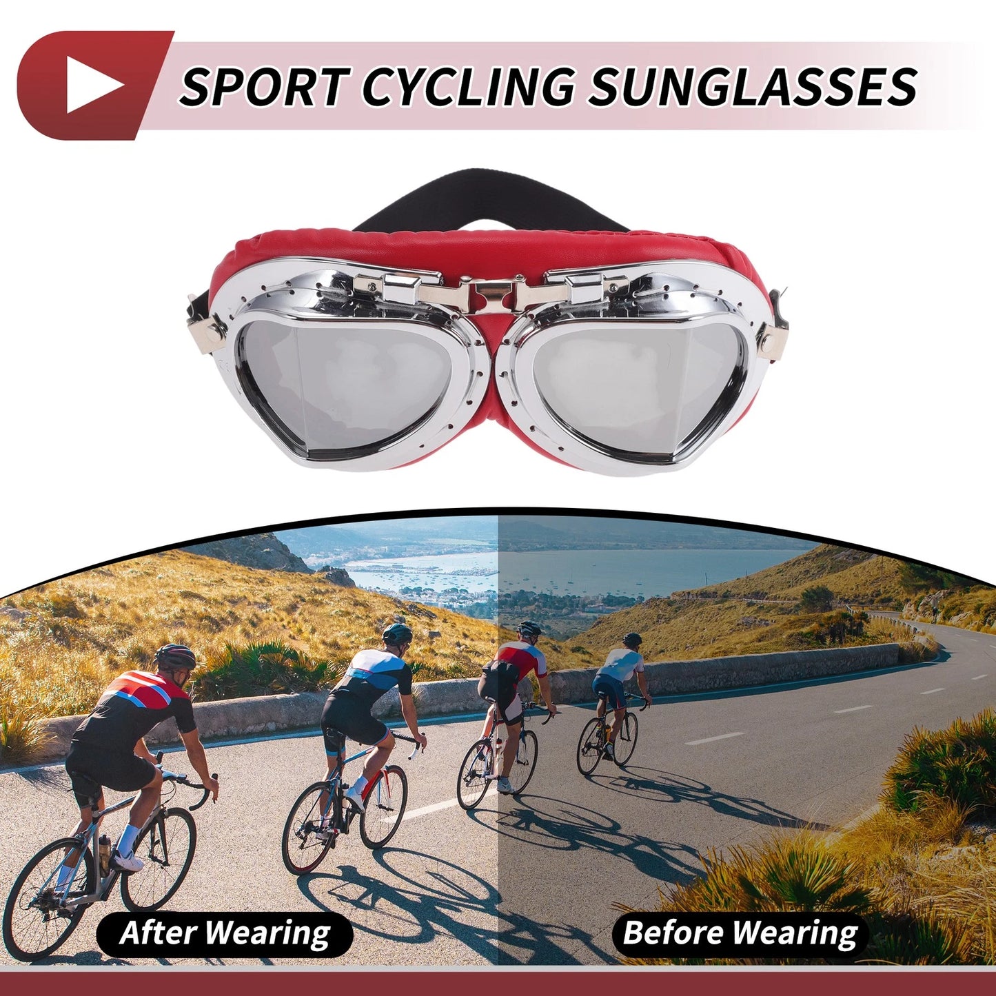 Motorcycle Riding Goggles Silver Tone Lens Red Silver Tone Frame PC PU Sponge