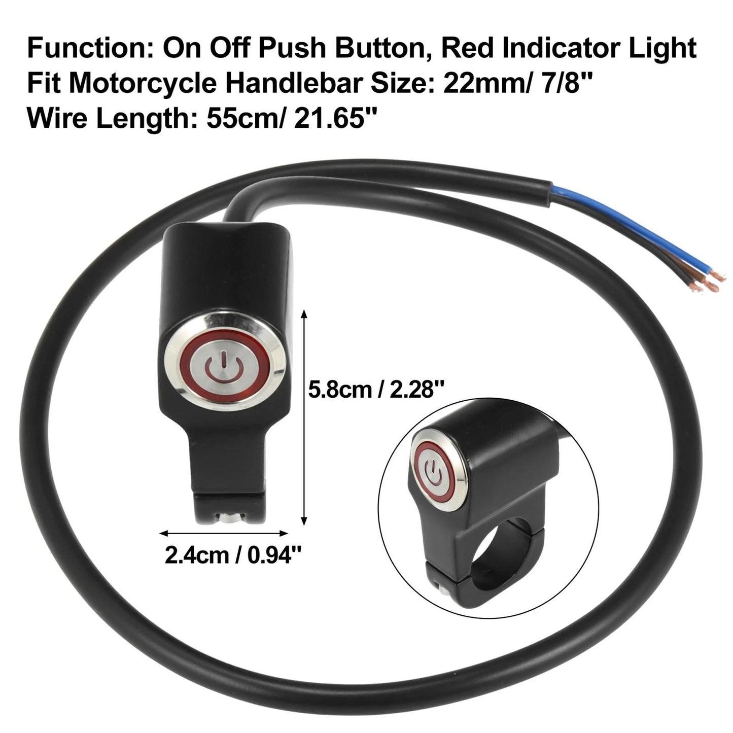 7/8 22mm Handlebar Control Horn Start Switch with Lock Red Light for Motorcycle