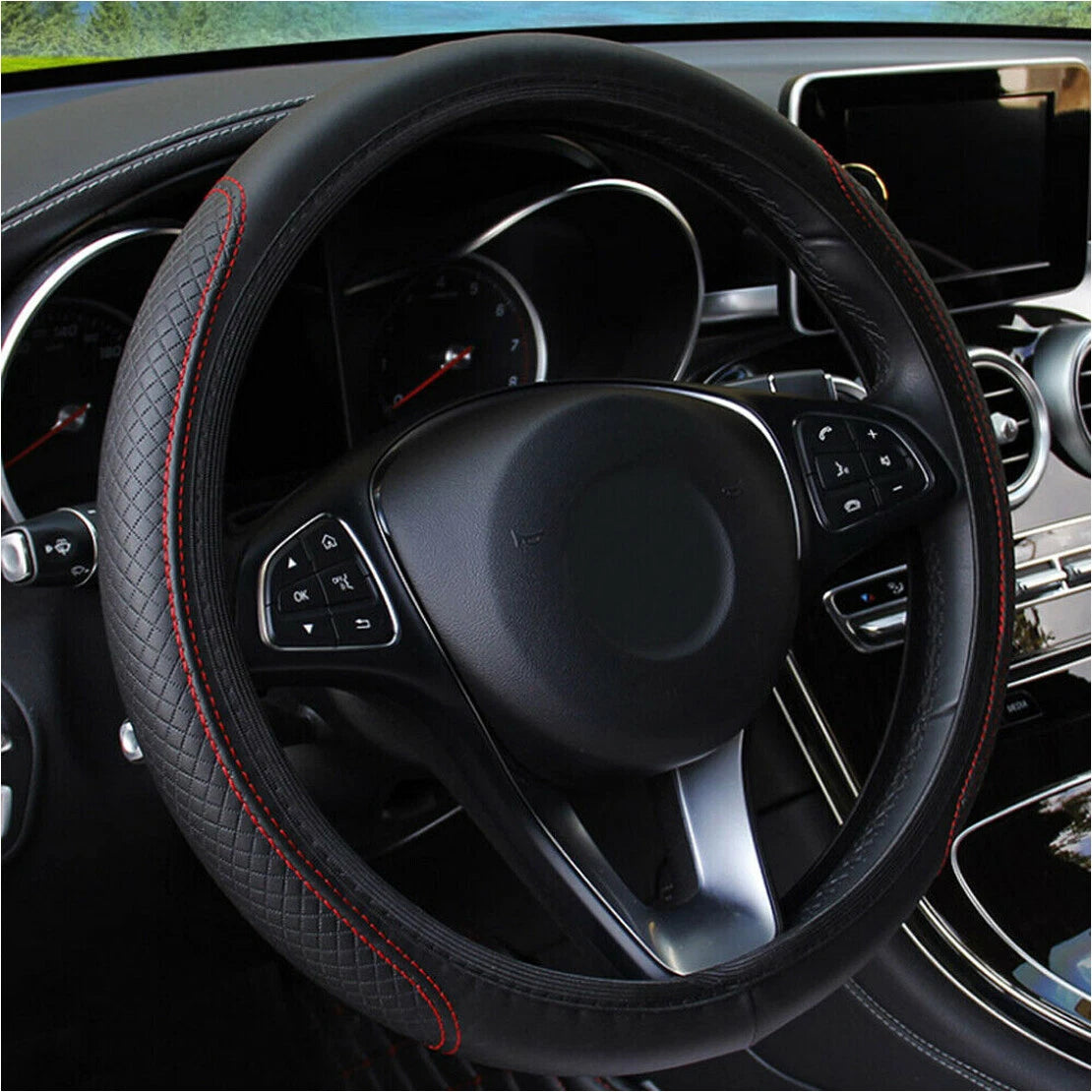 15" Black & Red PU Leather Steering Wheel Cover for Universal Cars