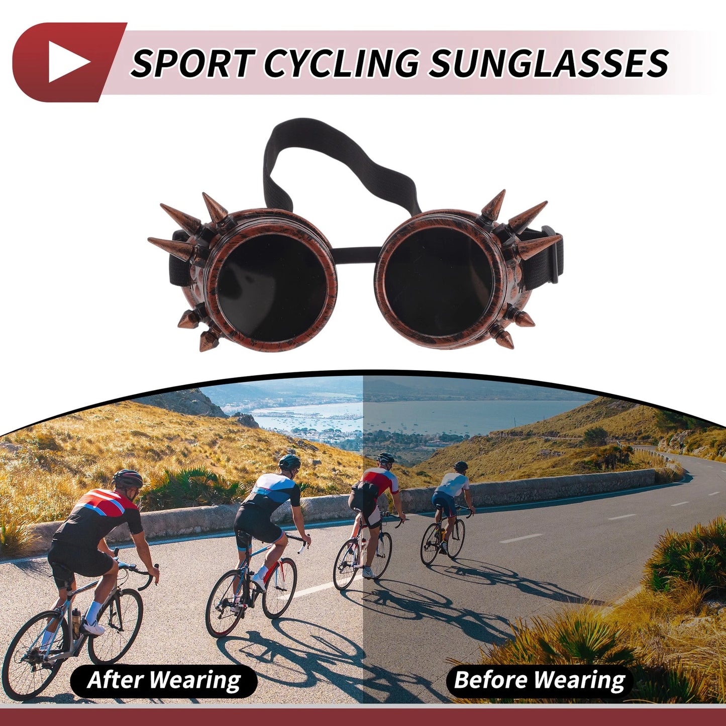 Motorcycle Riding Goggles Black Lens Red Copper Frame Glass ABS
