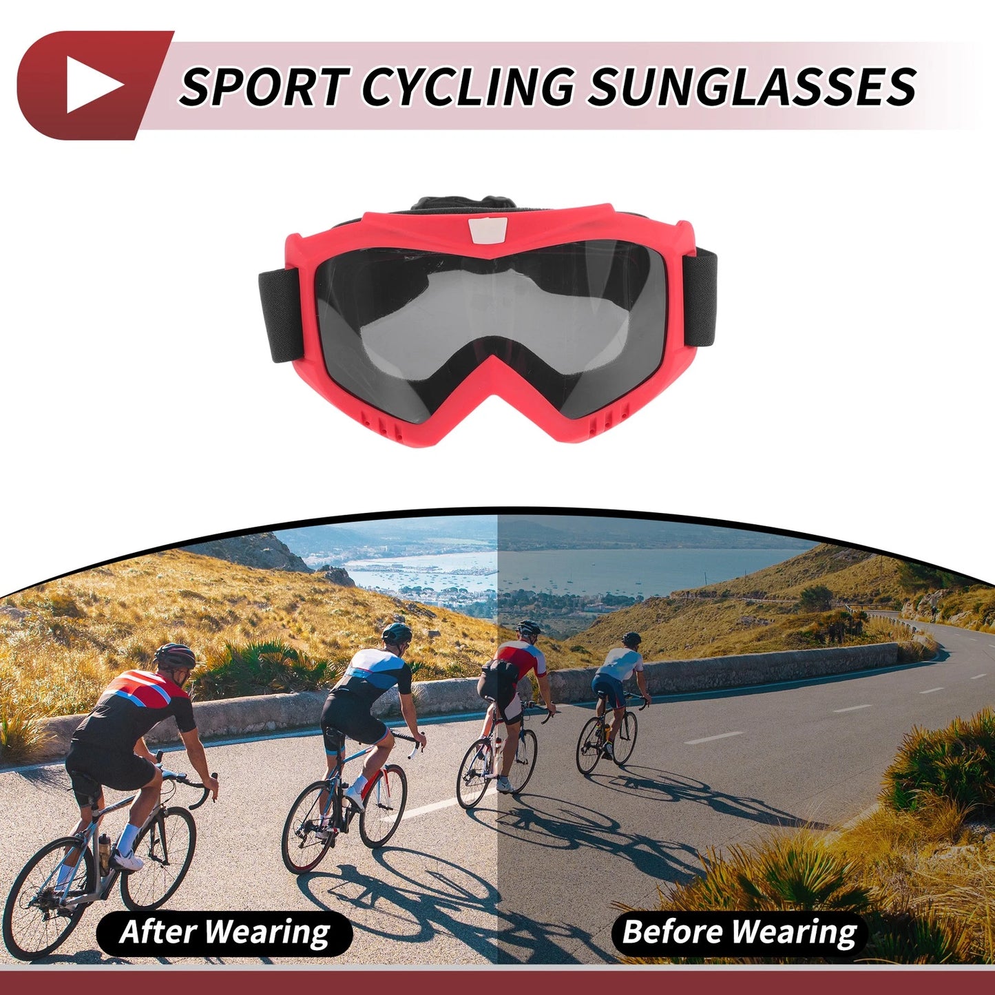 1 Pc Motorcycle Riding Goggles Deep Gray Lens Red Frame PC Cycling Sunglasses