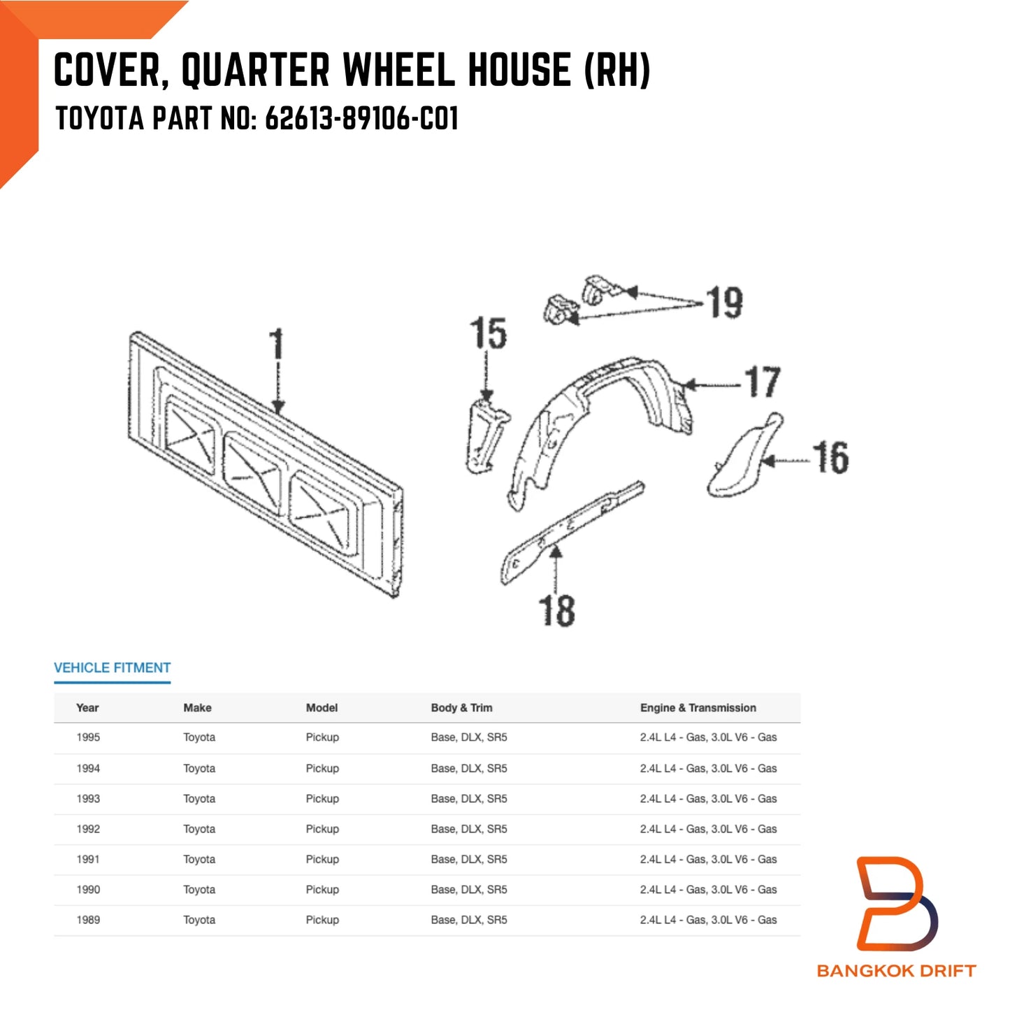 Right Quarter Wheel House Cover for Toyota Hilux 4Runner LN130 (1984-1997)