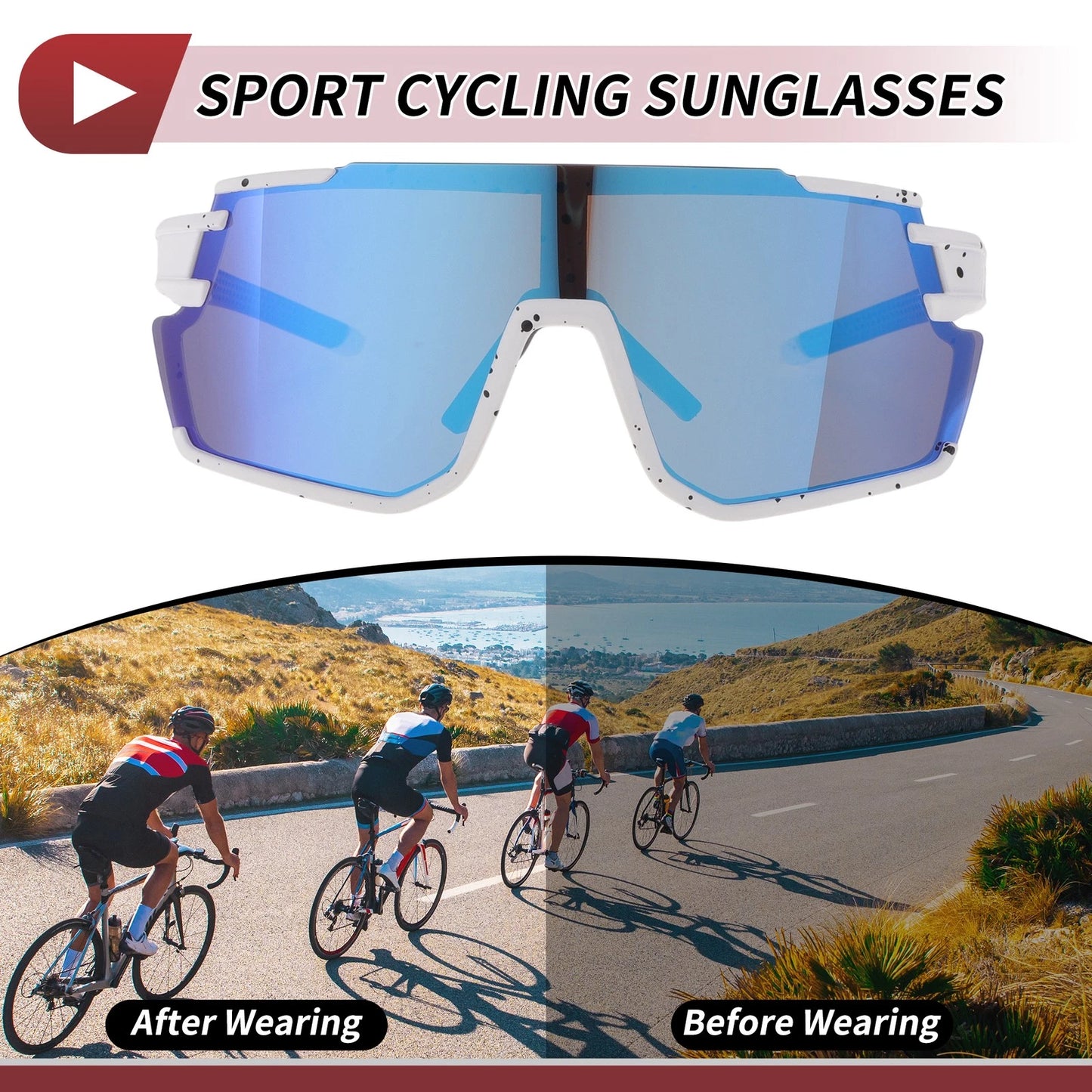 Pair Motorcycle Riding Goggles Blue Lenses White Black Frame Cycling Sunglasses