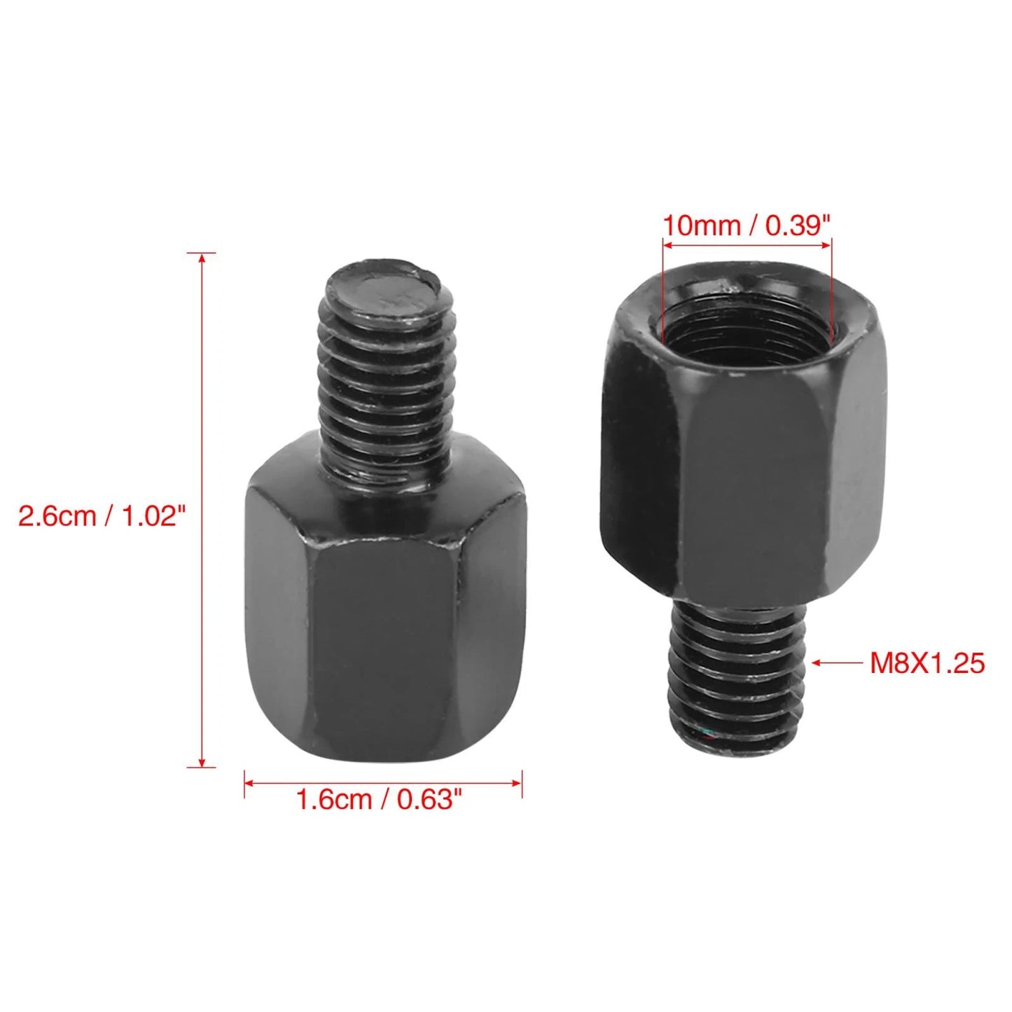 2 x M10 LH to M8 LH Black Motorcycle Rearview Mirrors Adapter Bolt Screw Metal