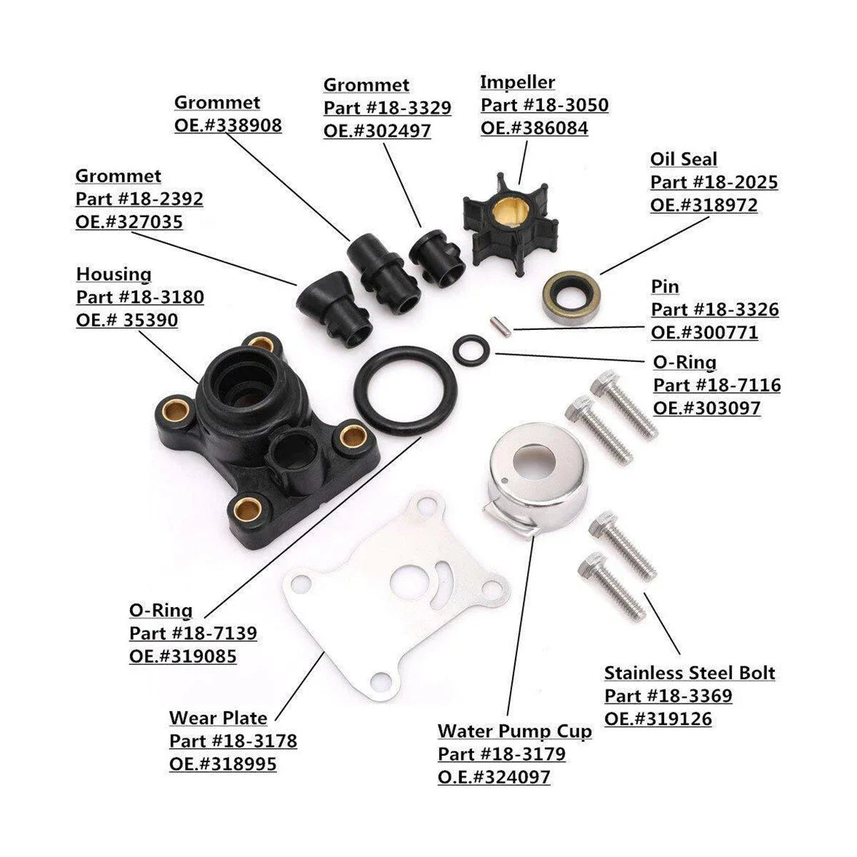 Water Pump Impeller Kit for Johnson/Evinrude 9.9-15HP Outboard 1974-UP