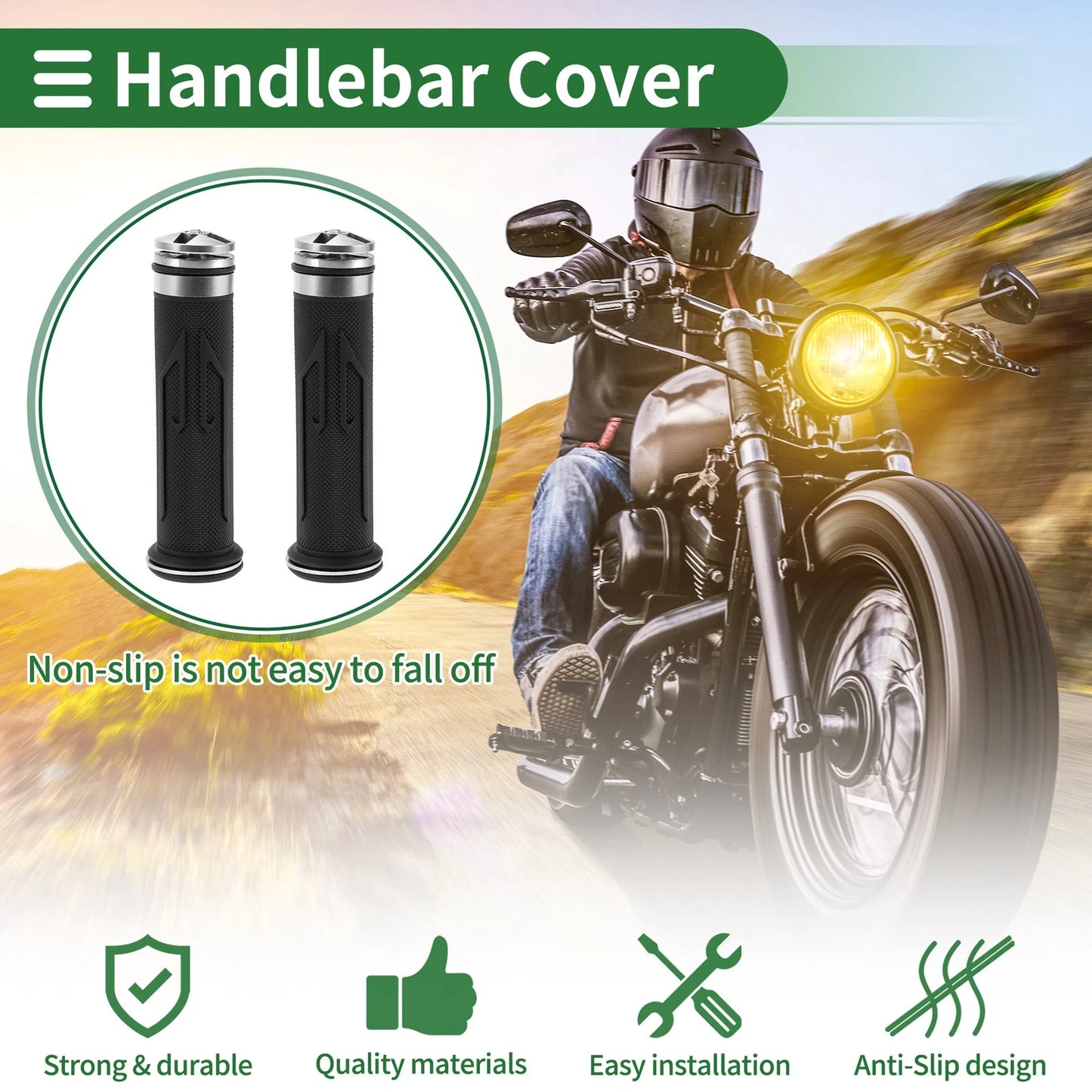 7/8" 22mm Motorcycle Hand Grip Cover Rubber Black Silver Tone for Universal Motorcycle