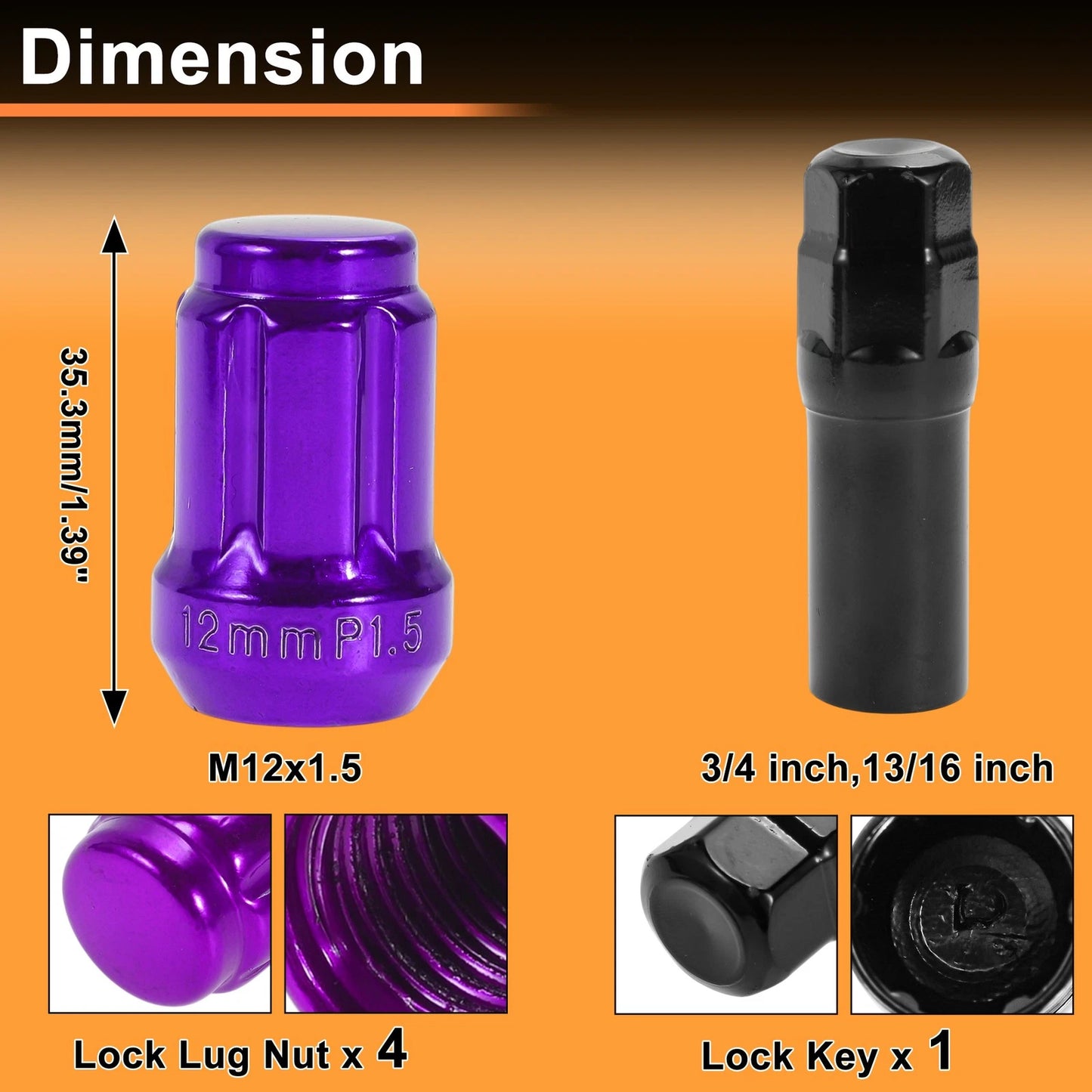 M12x1.5 Tire Wheel Locking Nut with 1 Socket Key Purple for Honda/Toyota