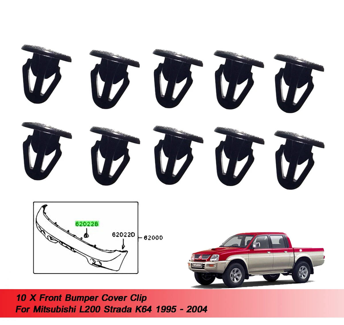 10 x Front Bumper Cover Clips for Mitsubishi L200 Triton (1995-2004)