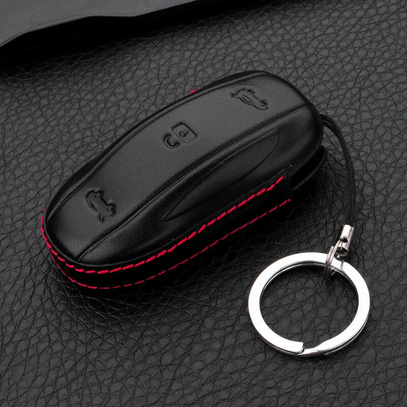 Black Leather Car FOB Key Remote Cover Bag Fit For Tesla Model X