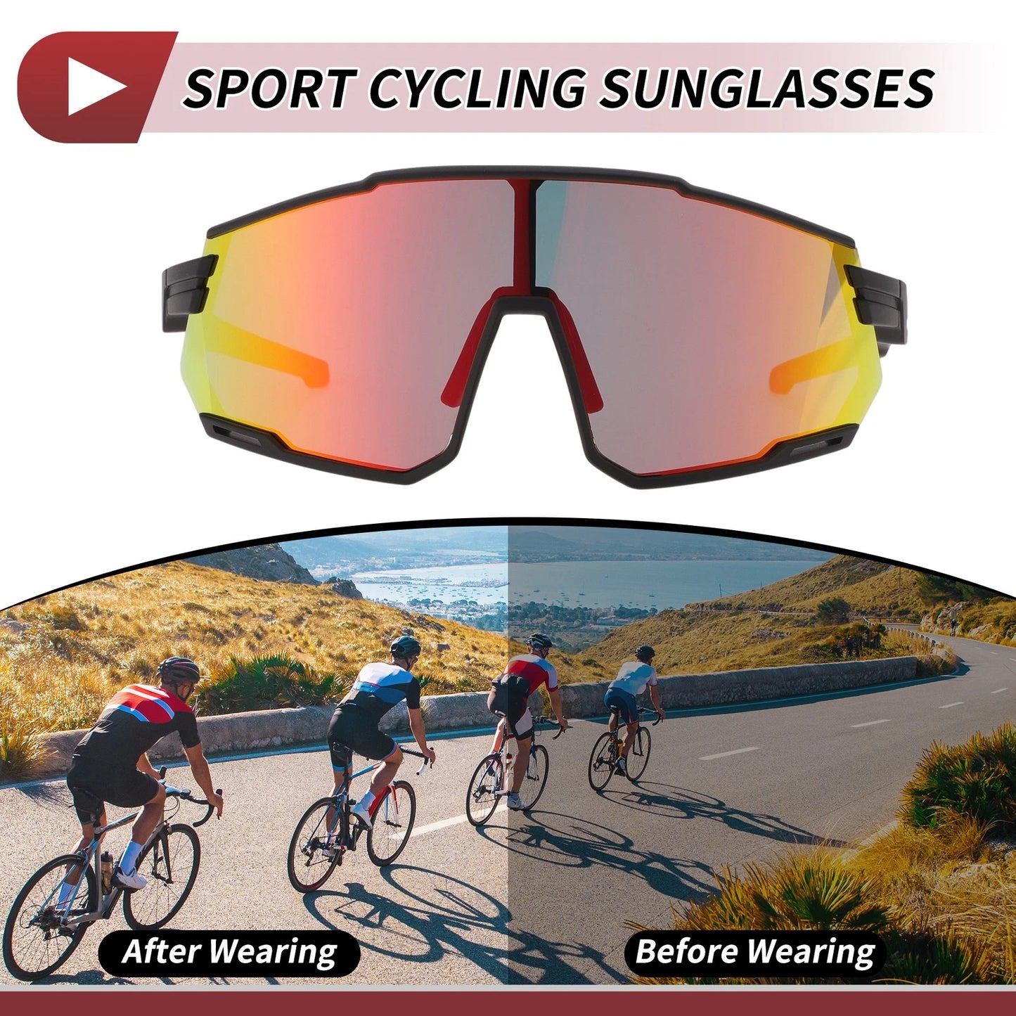 Goggles for Motorcycle Riding Red Lens Black Frame Cycling Sunglasses UV400