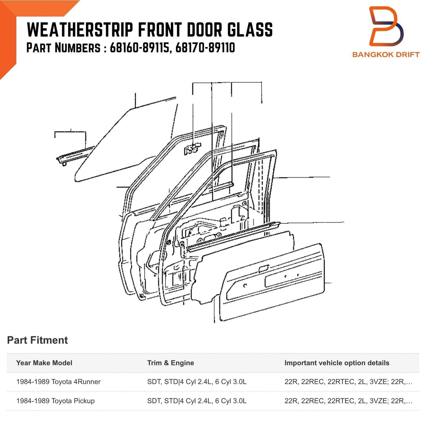 4pc Weatherstrip Door Belt for Toyota Hilux LN65 LN56 LN60 (1984-1988)