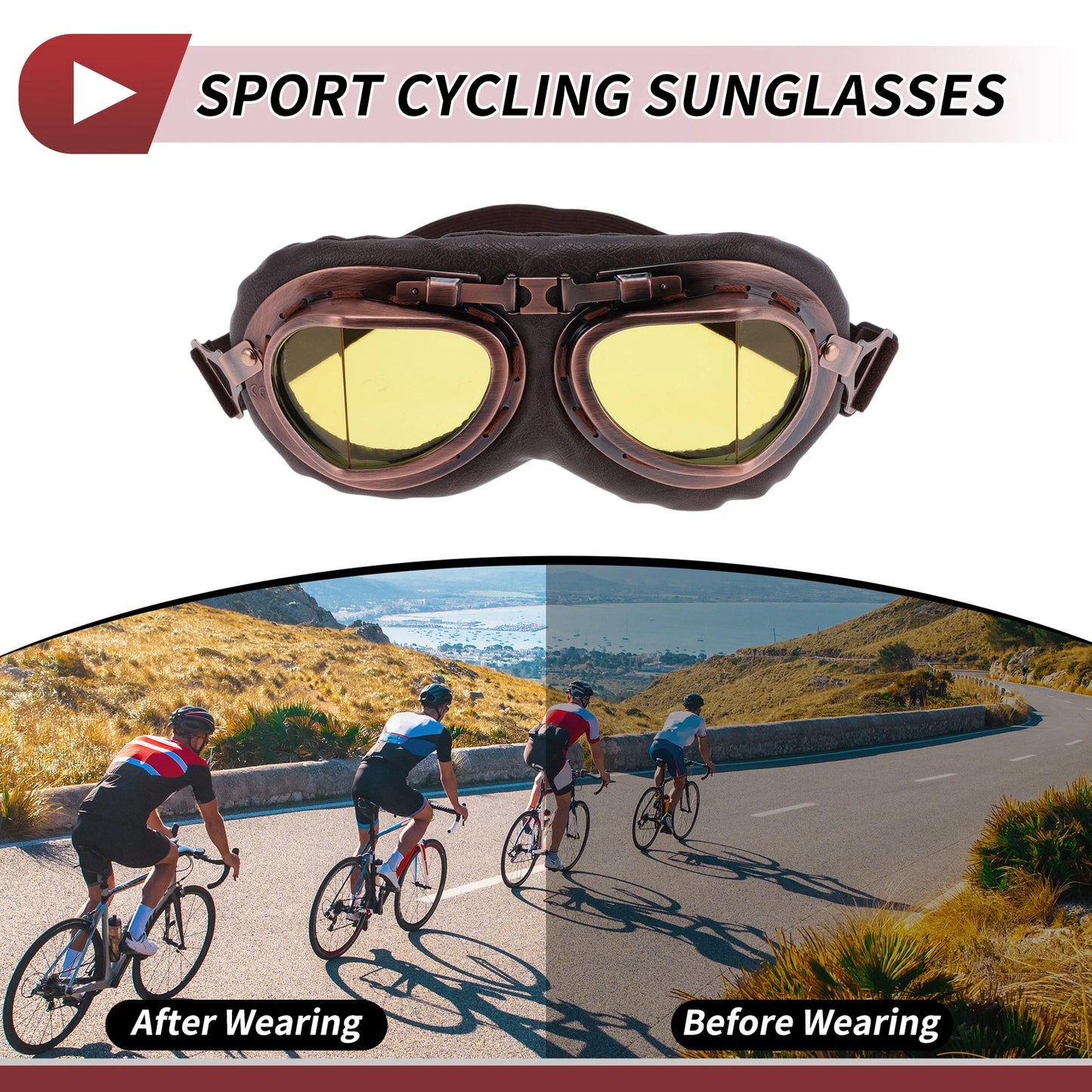 Set Motorcycle Riding Goggles Yellow Lens Brown Frame PC Cycling Sunglasses