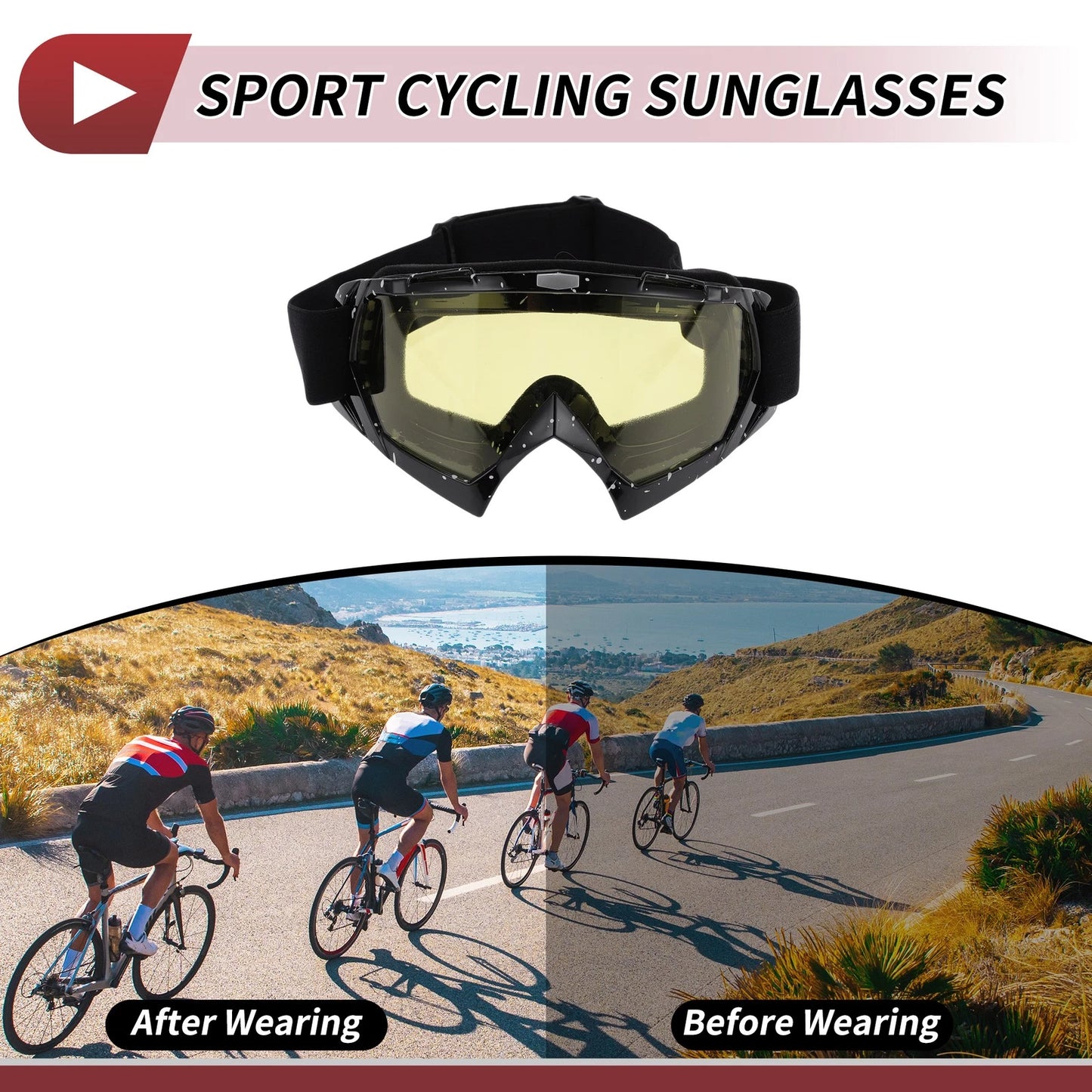 Motorcycle Riding Goggles Yellow Lens White Black Frame Cycling Sunglasses