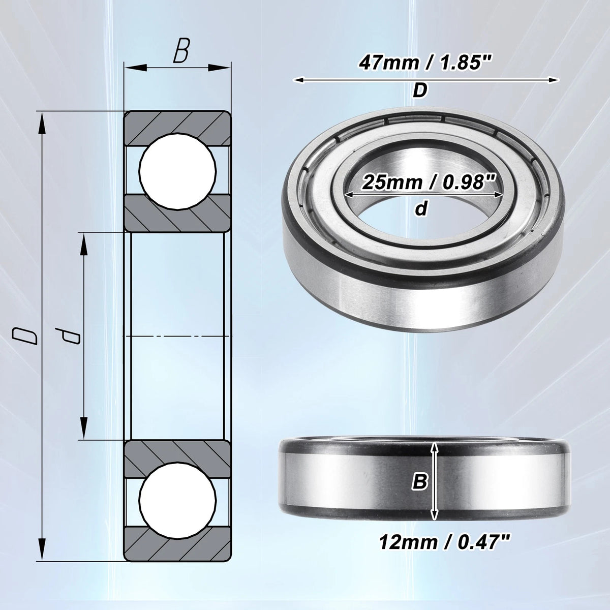 4pcs 25x47x12mm Car Single Row Deep Groove Ball Bearings Silver Tone for Car