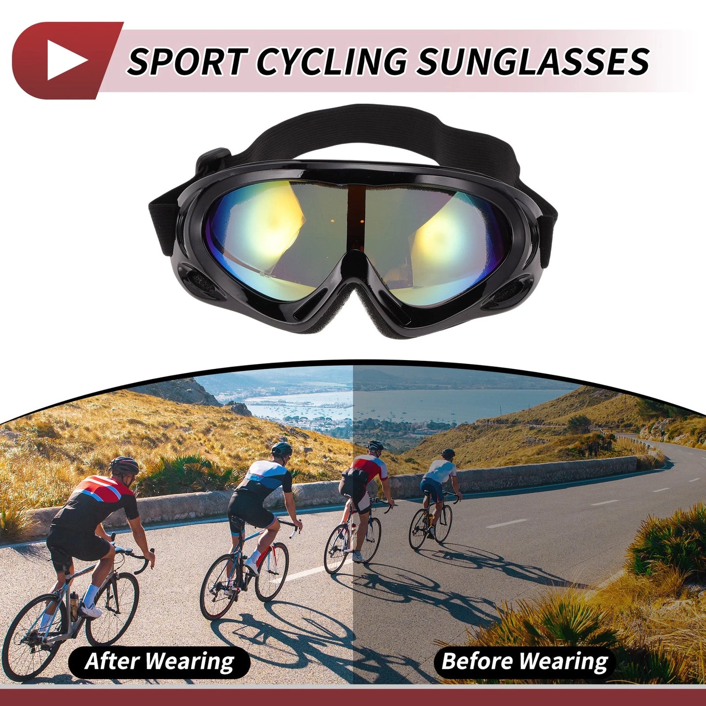 Motorcycle Riding Goggles Red Yellow Lens Black Frame PC TPU Cycling Sunglasses
