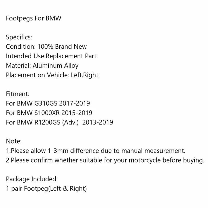 Footrest Footpegs for BMW G310GS, S1000XR, R1200GS/Adv (2013-2019) Black