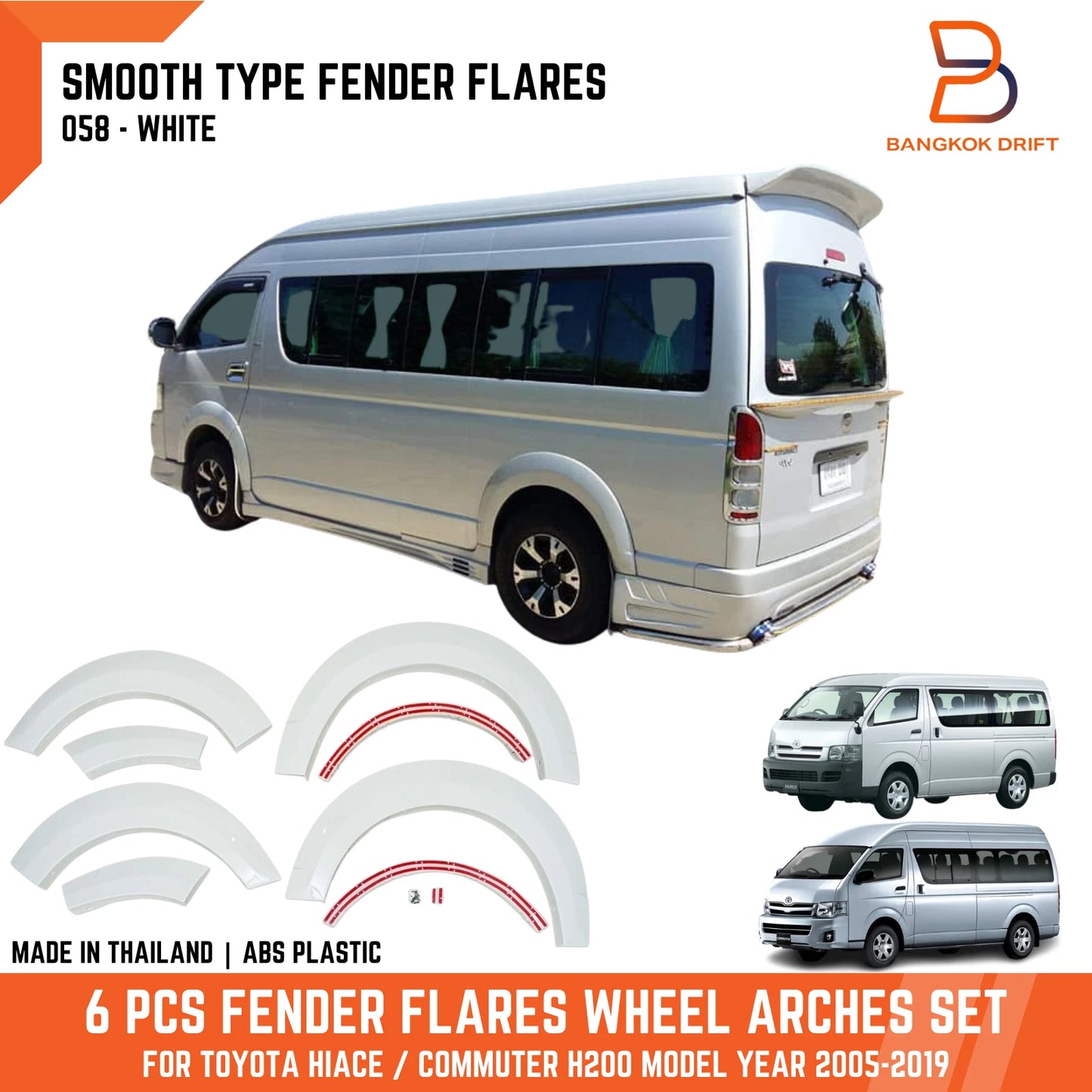 6 x White Fender Flares Wheel Arches for Toyota Hiace Commuter (2005-2019)