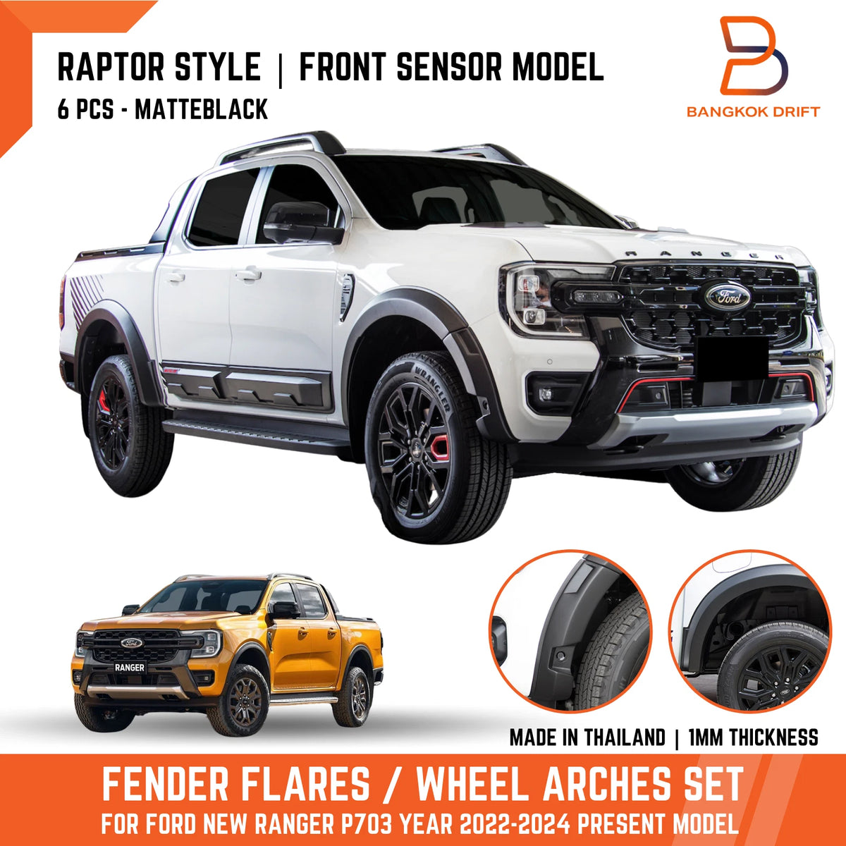 Front Sensor Raptor Style Matte Black Fender Flares for Ford Ranger (22-24)