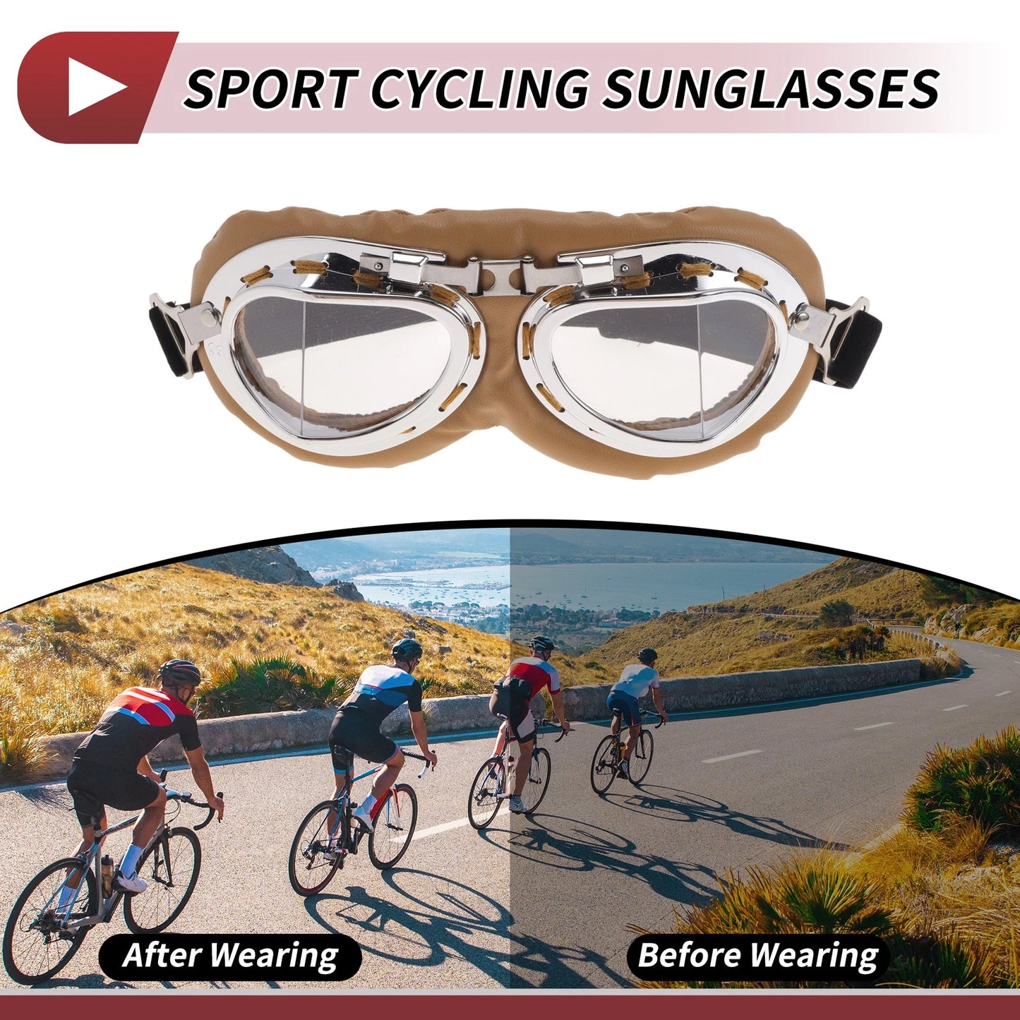 Motorcycle Riding Goggles Clear Lens Brown Frame PU Sponge for Make Model