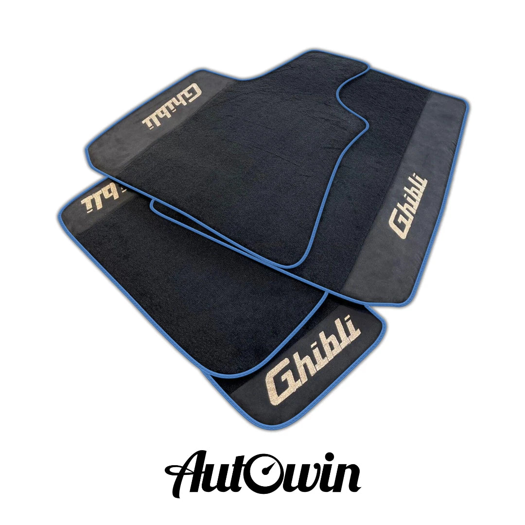 AutoWin Black Floor Mats for Maserati Ghibli (2014-2023) - Alcantara, Blue Trim