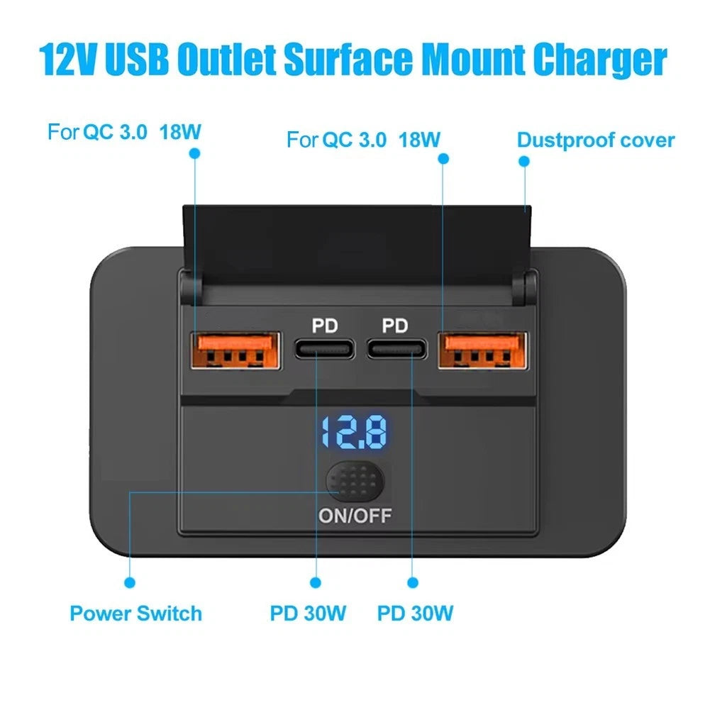 12V USB Outlet 4-Port Car Charger with Dual PD3.0 & QC3.0
