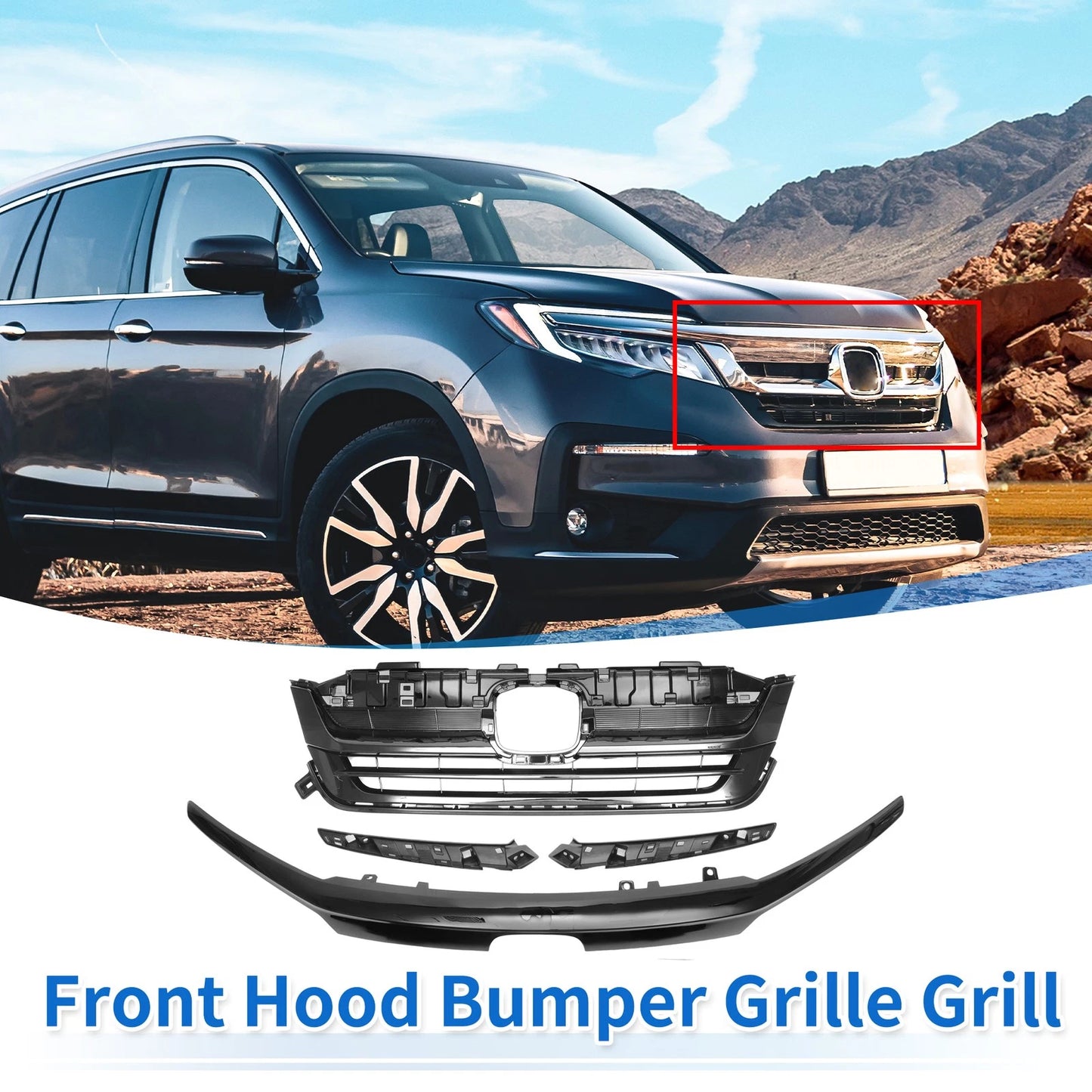 Front Bumper Grille for Honda Pilot 2019-2020 Black 1 Set