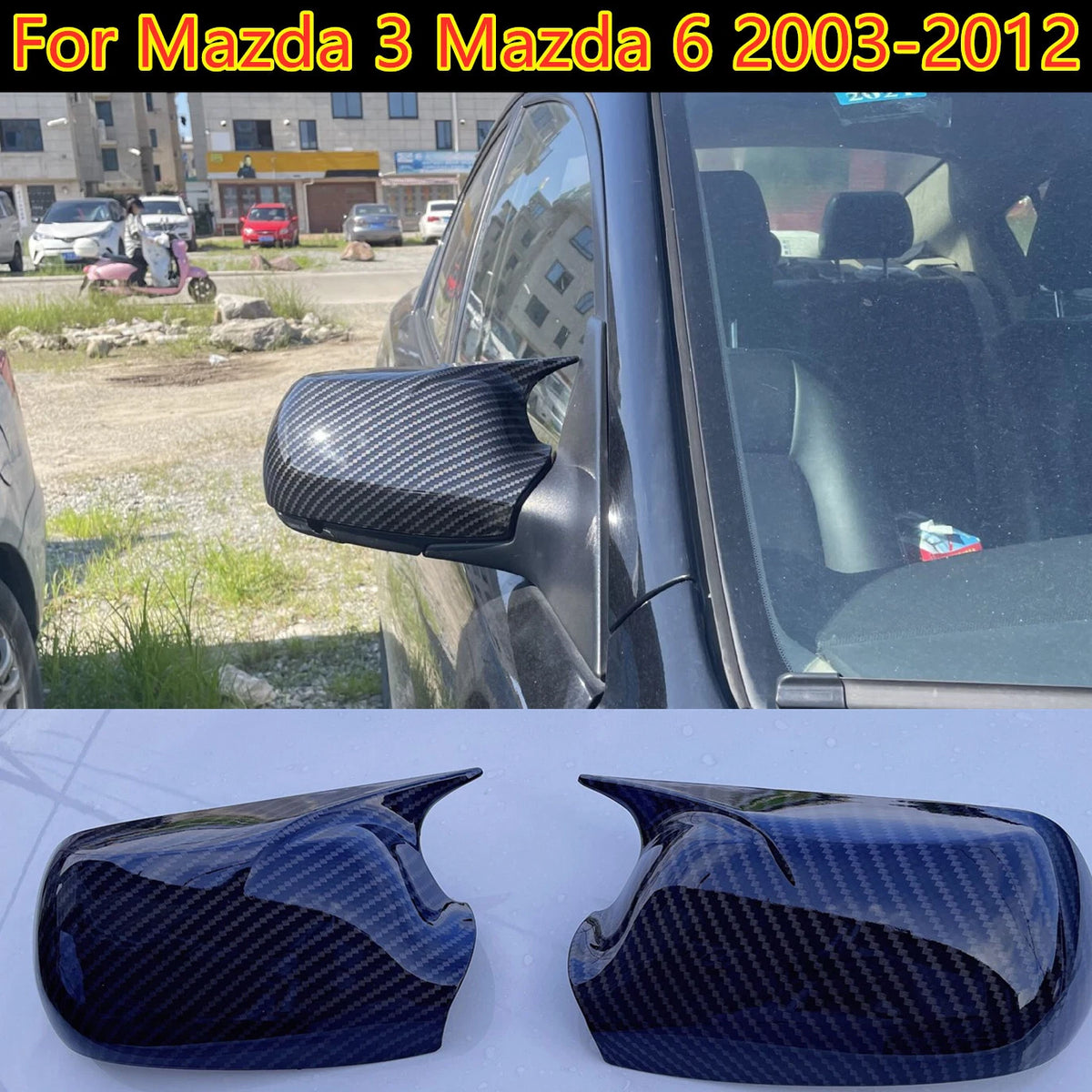 2 x Carbon Fiber Mirror Horn Cover Caps for Mazda 3 Mazda 6 (2003–2012)