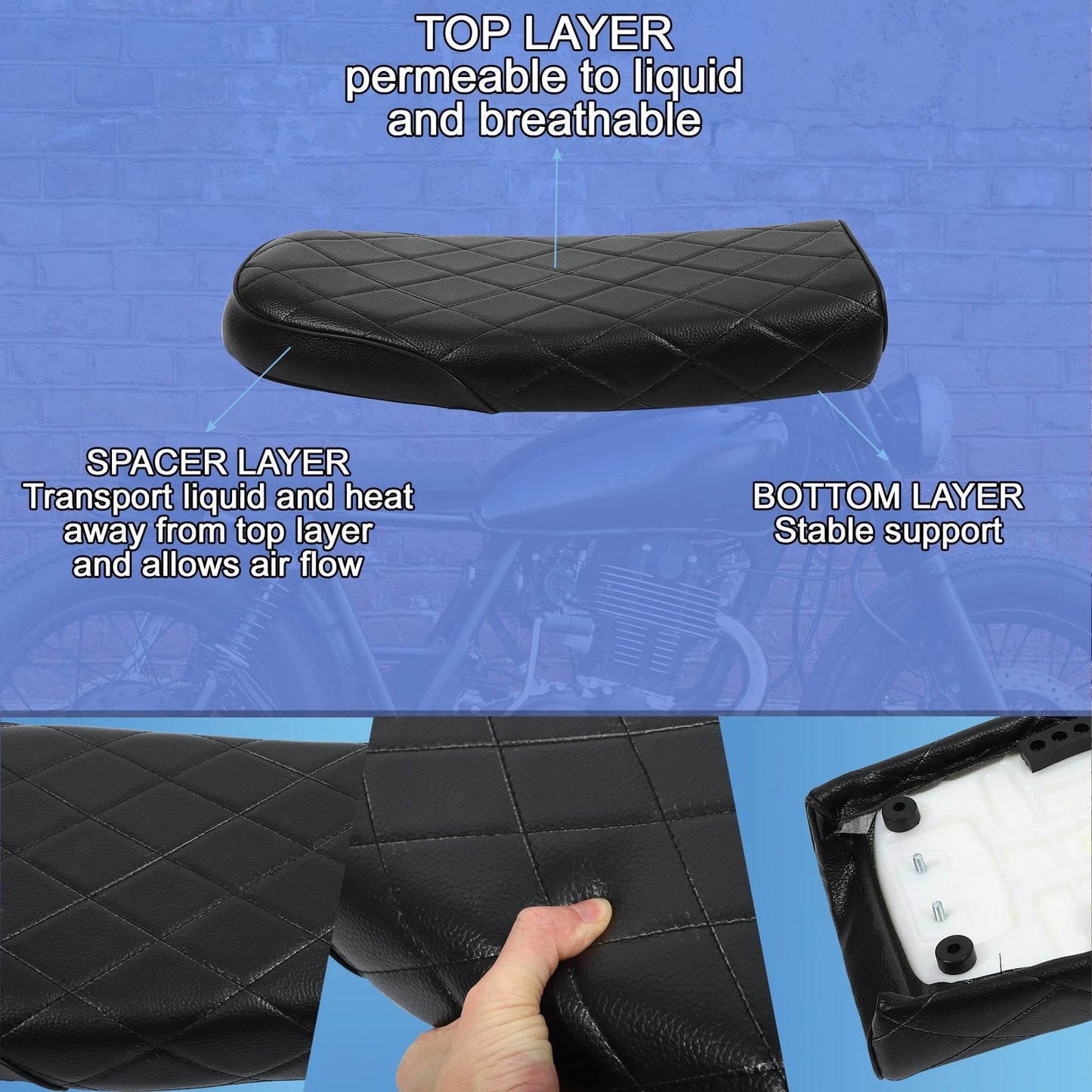1 x Set Vintage Cafe Racer Seat Retro Cushion PU Leather Black for Motorcycle