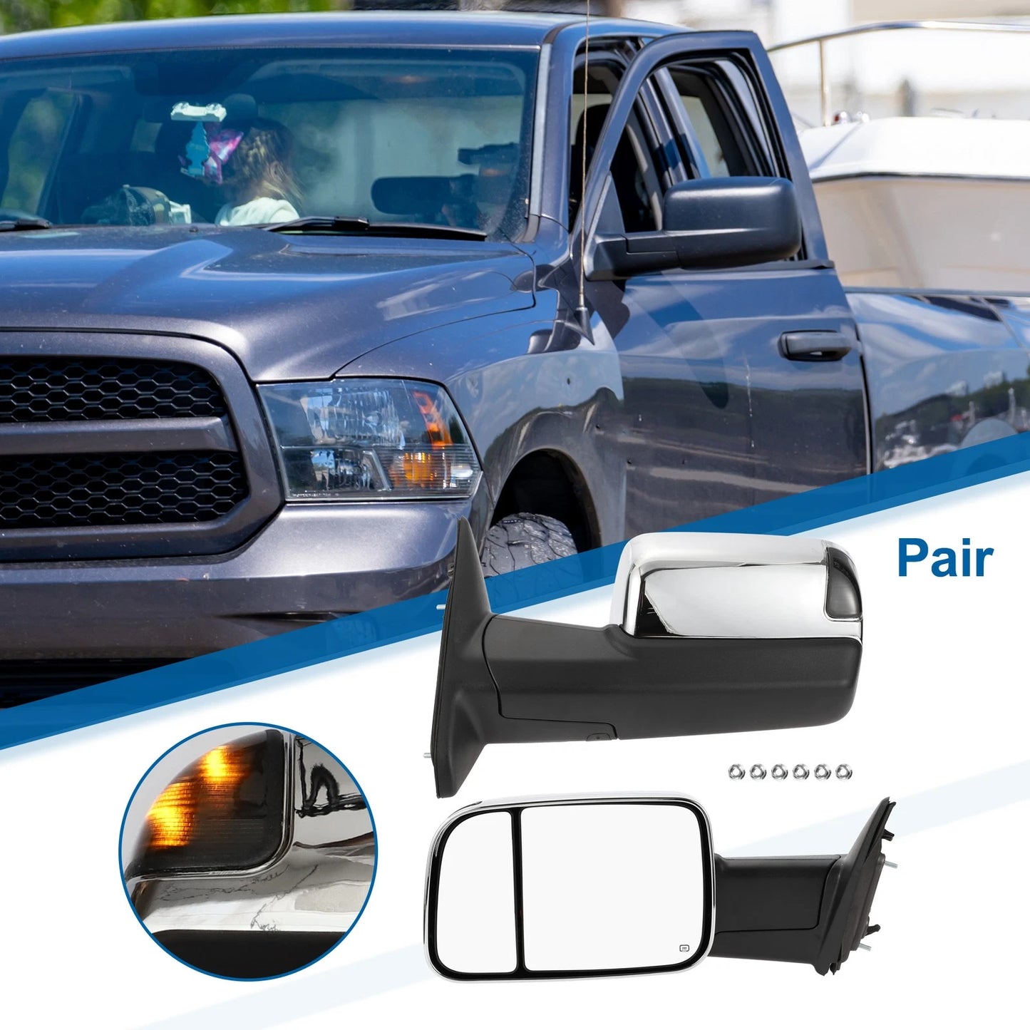 Tow Mirrors for Dodge Ram 1500 LED Turn Signal Light Silver Tone 1 Pair