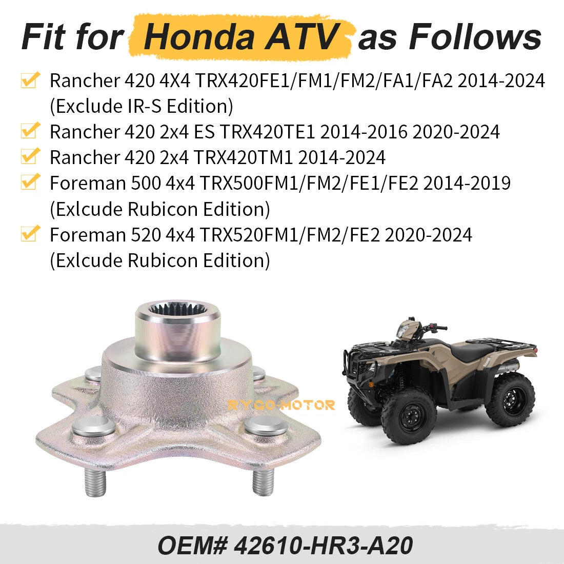 Rear Right Wheel Hub for Honda Foreman 500 TRX500FM1/FM2/FE1/FE2 (2014–2019)