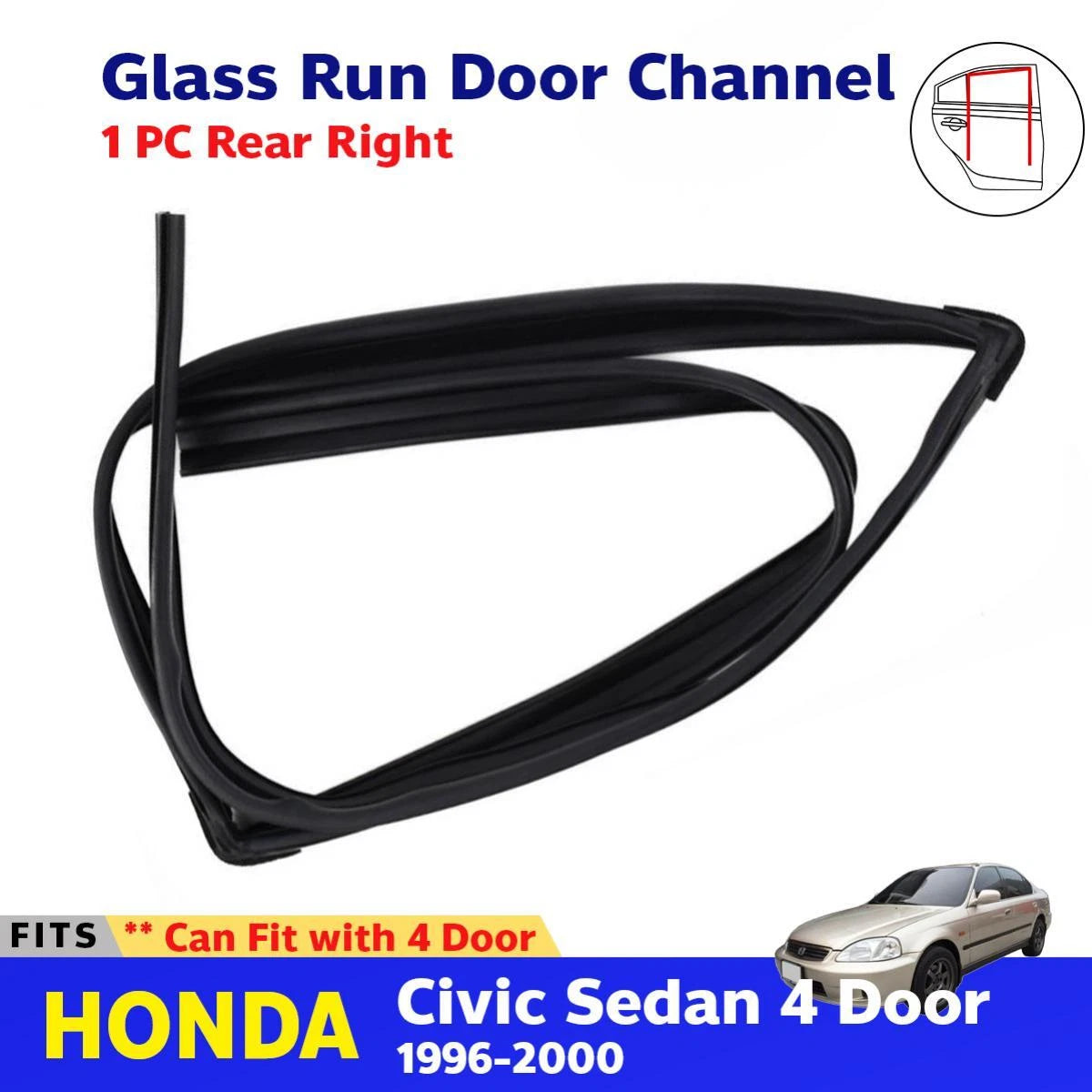 Glass Run Door Channel Rubber Rear RH Fits Honda Civic EK 4D Sedan 1996-00 D06