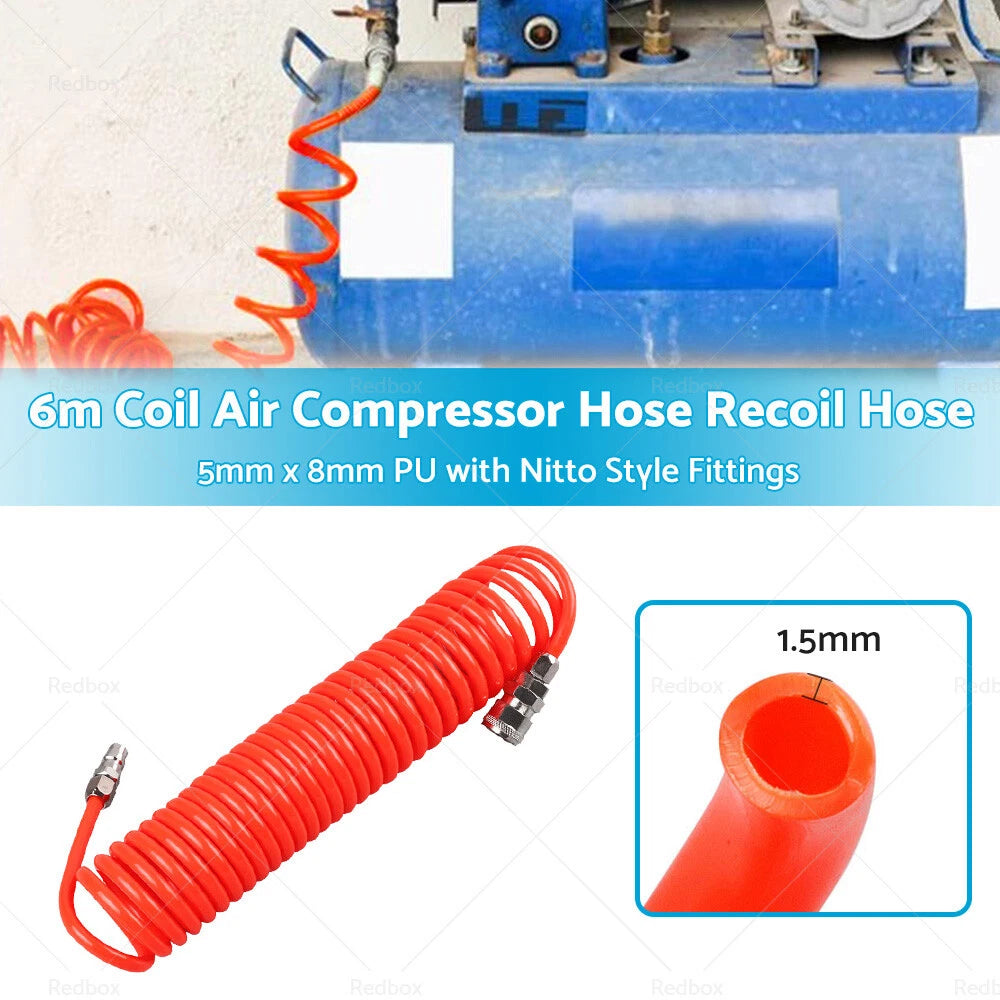 6m PU Coil Air Compressor Hose 5mm x 8mm with Nitto Fittings