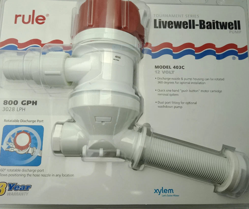 Livewell Baitwell Pump 800 GPH for Rule, Angled Cartridge, Dual Port