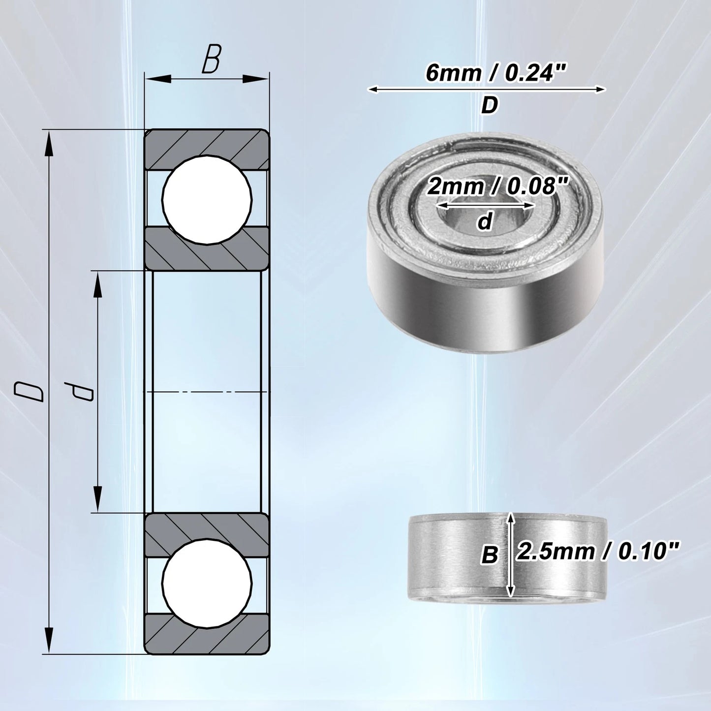 10 Pcs 2x6x2.5mm Deep Groove Ball Bearing Double Metal Shield for Car