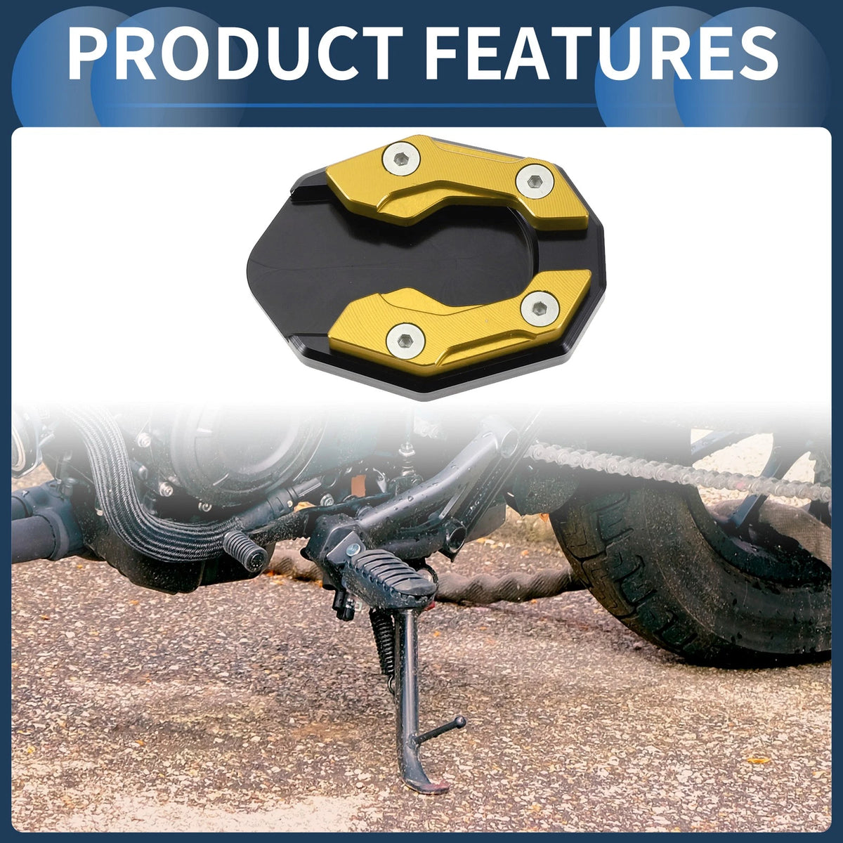 Side Stand Plate Pad with Wrench Aluminum Alloy Gold Tone 1 Set for Motorcycle