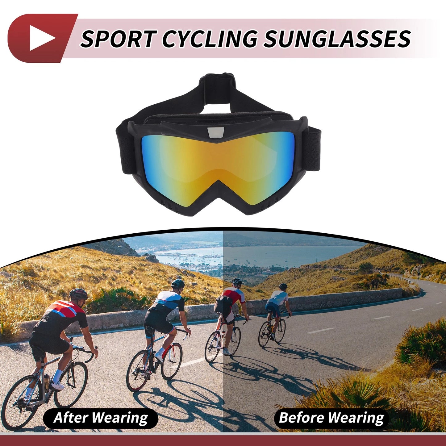 Motorcycle Riding Goggles Colorful Lens Black Frame PC Cycling Sunglasses